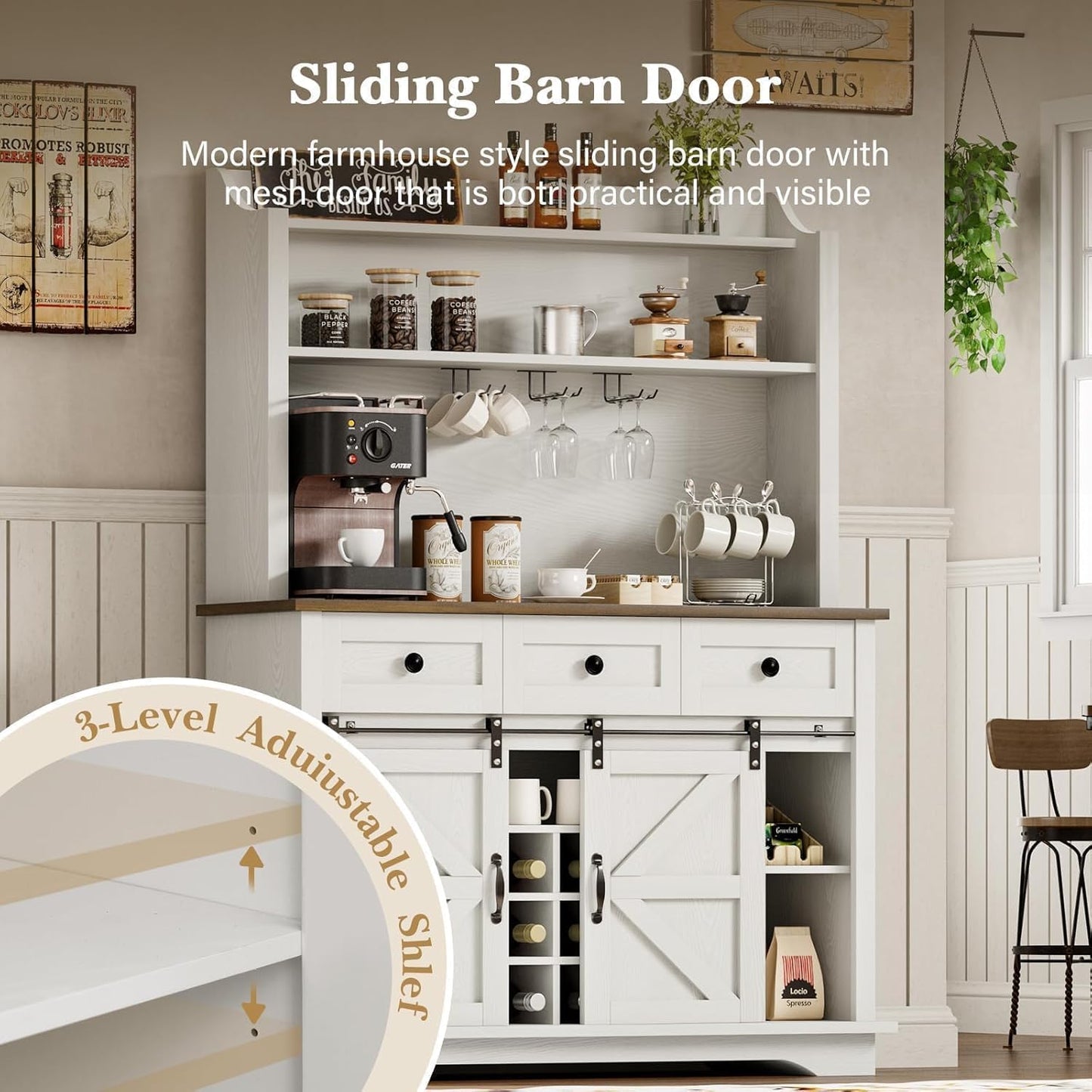 63 Inch Coffee Bar Cabinet with 3-Tier Storage, Kitchen Storage Cabinets with 3 Drawers, Farmhouse Coffee Bar with 9 Racks, 3 Glass Holders, Wine Bar for Living Dining Room, White