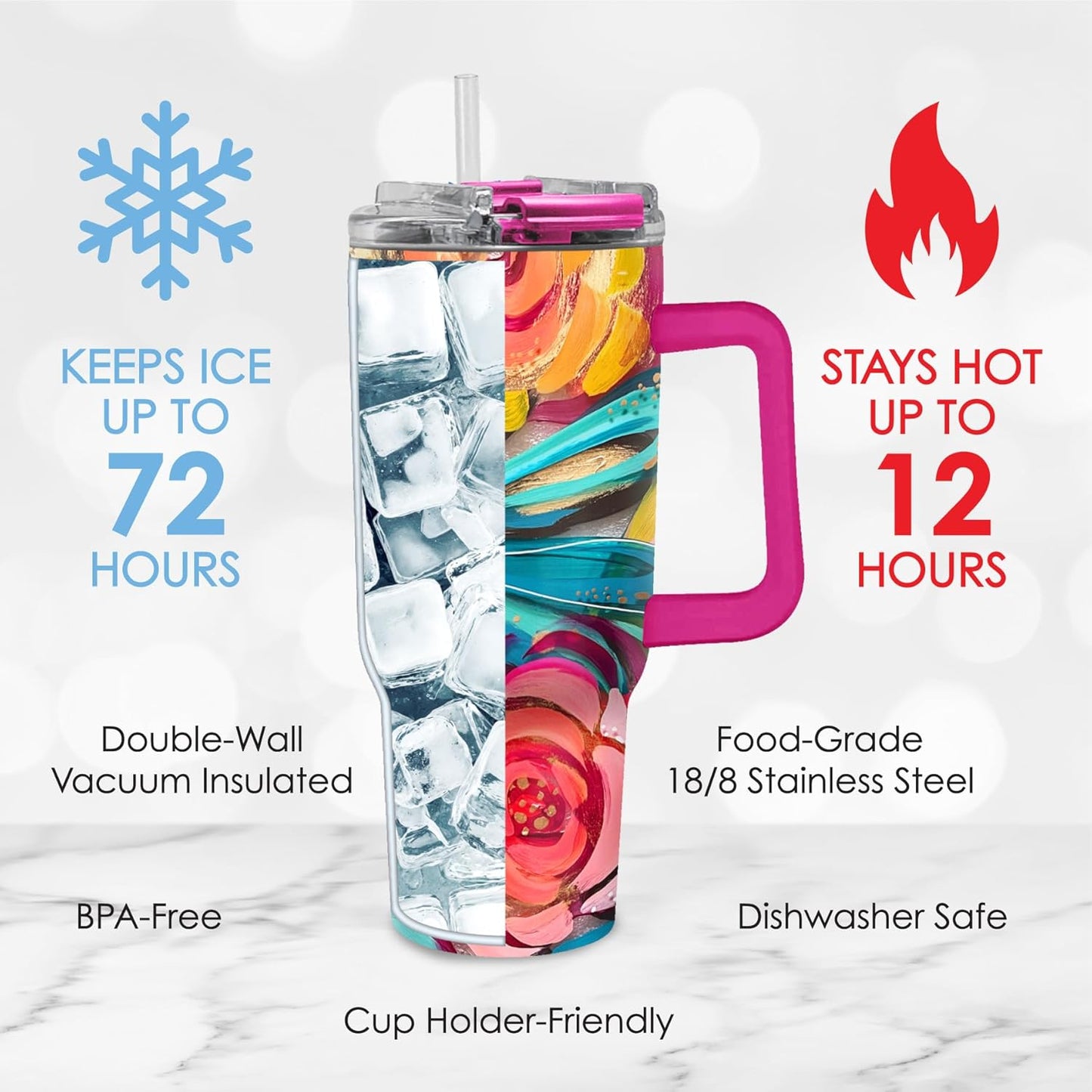 RainCaper 18/8 Stainless Steel Insulated Water Tumbler with Straw | 30oz, BPA-Free, Double Wall for Hot & Cold | Travel-Friendly, Cup Holder Ready (EttaVee Flowers On Glass)