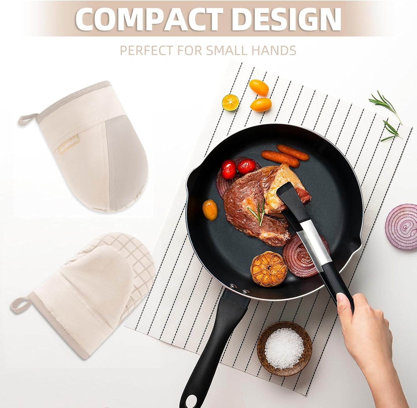 Mini Oven Mitts, Kitchen Oven Gloves Kitchen Mittens 500 Degrees Heat Resistant Baking Gloves, Non-Slip Silicone Surface with Hanging Loops Hot Gloves for Cooking, Baking, BBQ 1 Pair-Khaki