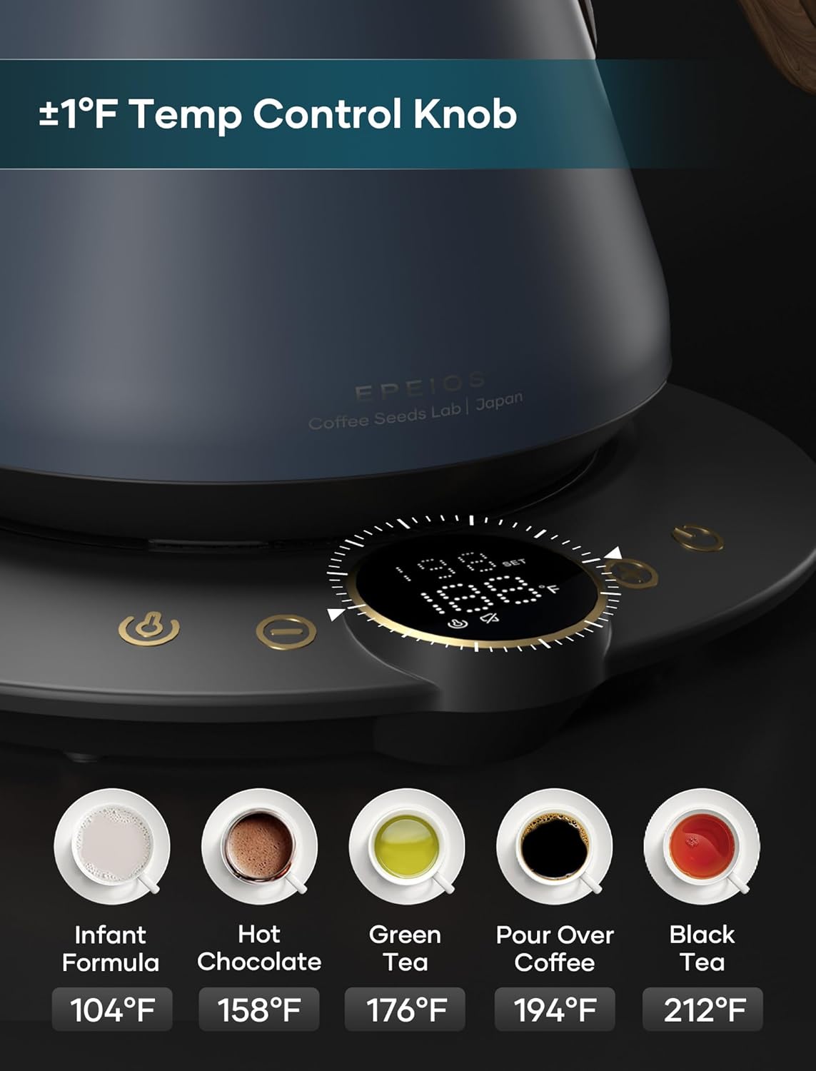 Electric Kettles, INTASTING Gooseneck Electric Kettle, ±1℉ Temperature Control, Stainless Steel Inner, Quick Heating, for Pour Over Coffee, Brew Tea, Boil Hot Water, 0.9L (Navy Blue)