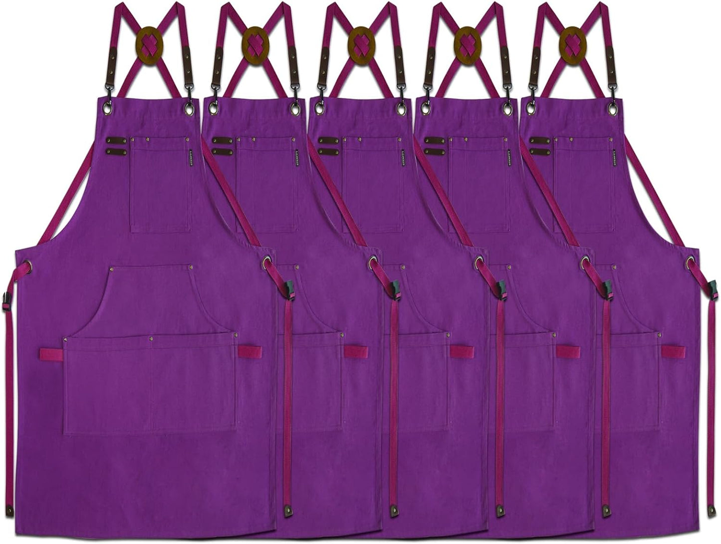 5 Pack Kitchen Apron, Work Apron, Canvas, Multiple Pockets, Gardening, Painting, BBQ, Artist, Carpenter, Sizes M to XXL, Purple