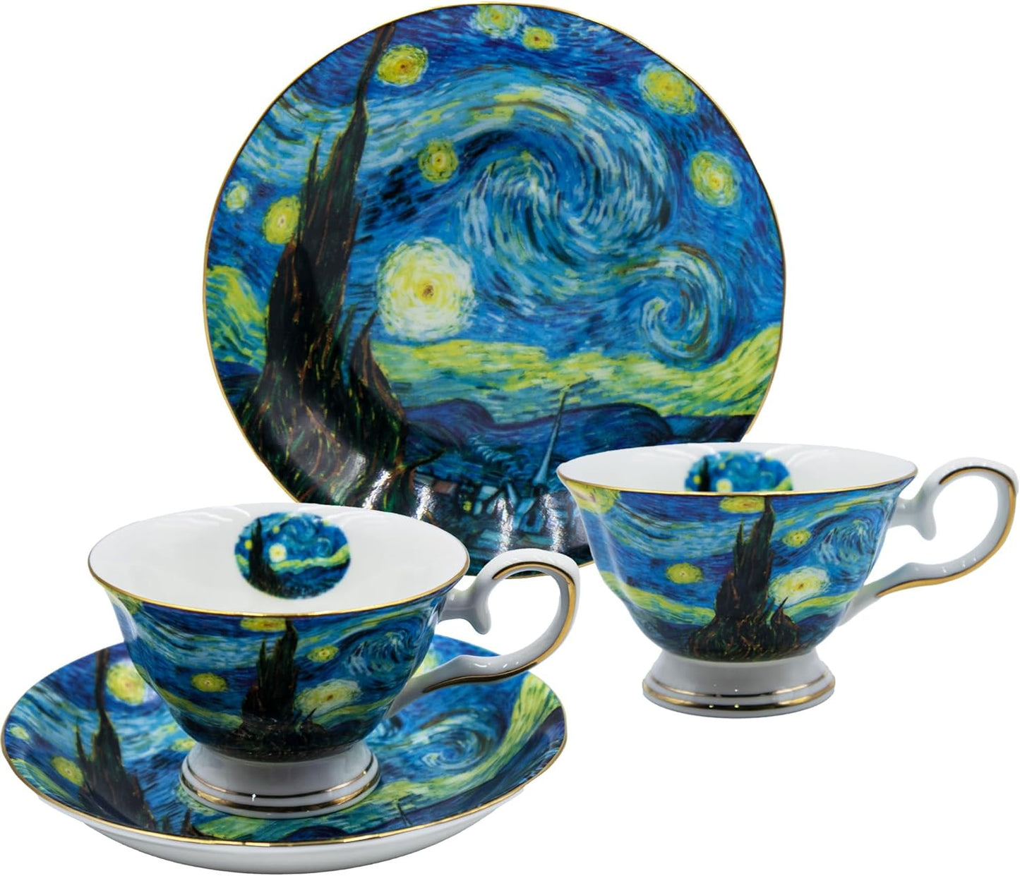 Floral Tea Cups Saucers Set of 2, Bone China 7 oz British Teacups Porcelain Van Gogh Coffee Cup for Rose Tea Cappuccino Espresso Latte (Starry Sky & Starry Sky)