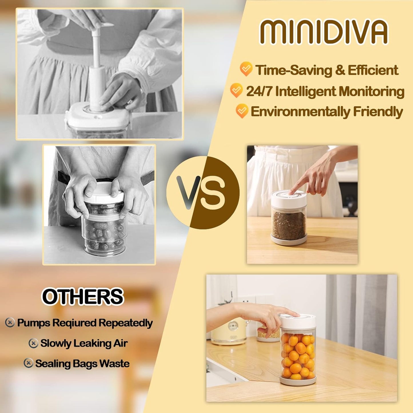 Minidiva Smart Vacuum Container, Automatic Electric Airtight Glass Jar for Food Coffee Storage Meal Prep (950ml)