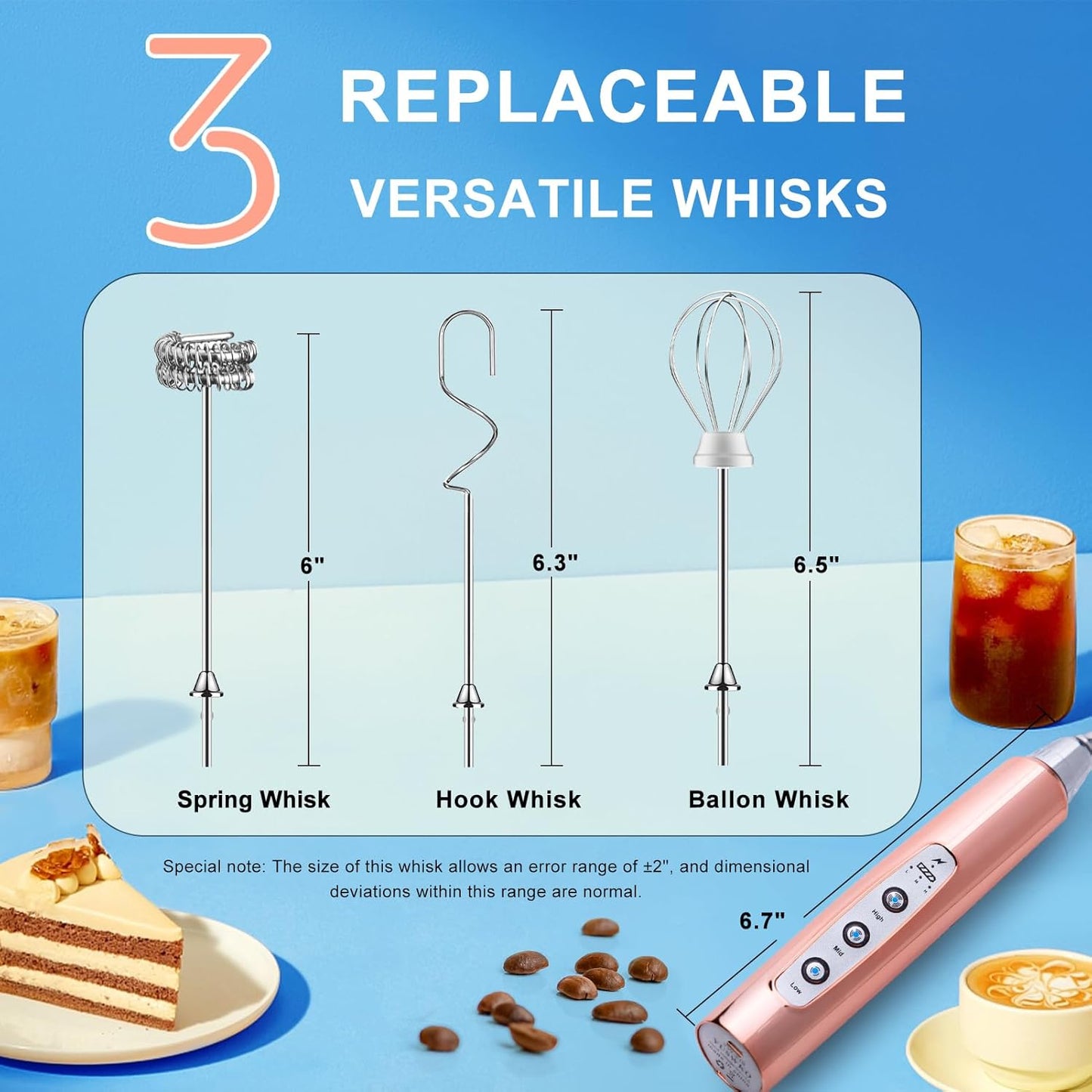 YUSWKO Rose Gold Handheld Milk Frother Wand for Coffee, Rechargeable Electric Whisk with 3 Heads 3 Speeds Drink Mixer Coffee Frother For Latte, Cappuccino, Hot Chocolate, Egg