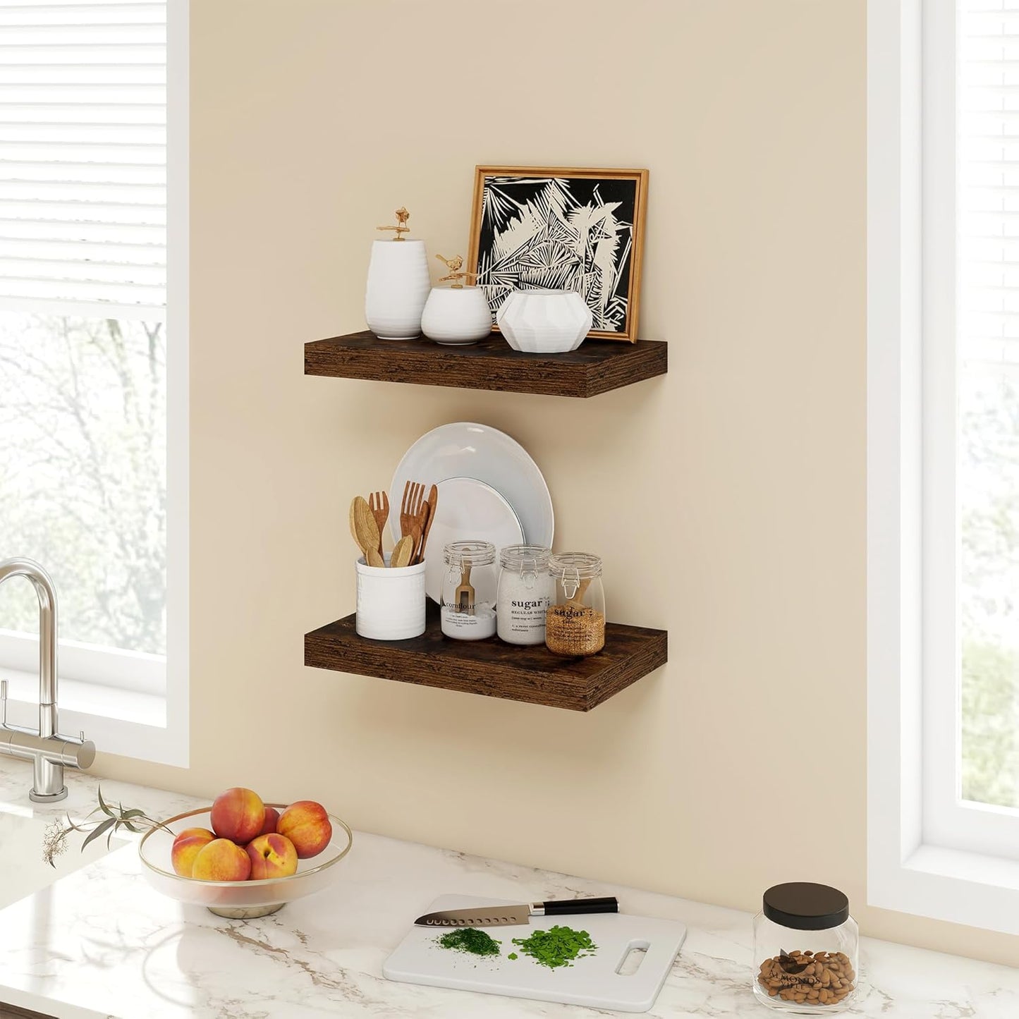 16 Inch Floating Shelves, 9.3" Deep Floating Shelf Wall Mounted, 16" Wall Shelves, Rustic Deep Bookshelf, Large Display Shelves & Storage Shelves for Bedroom, Living Room, Brown, Set of 2