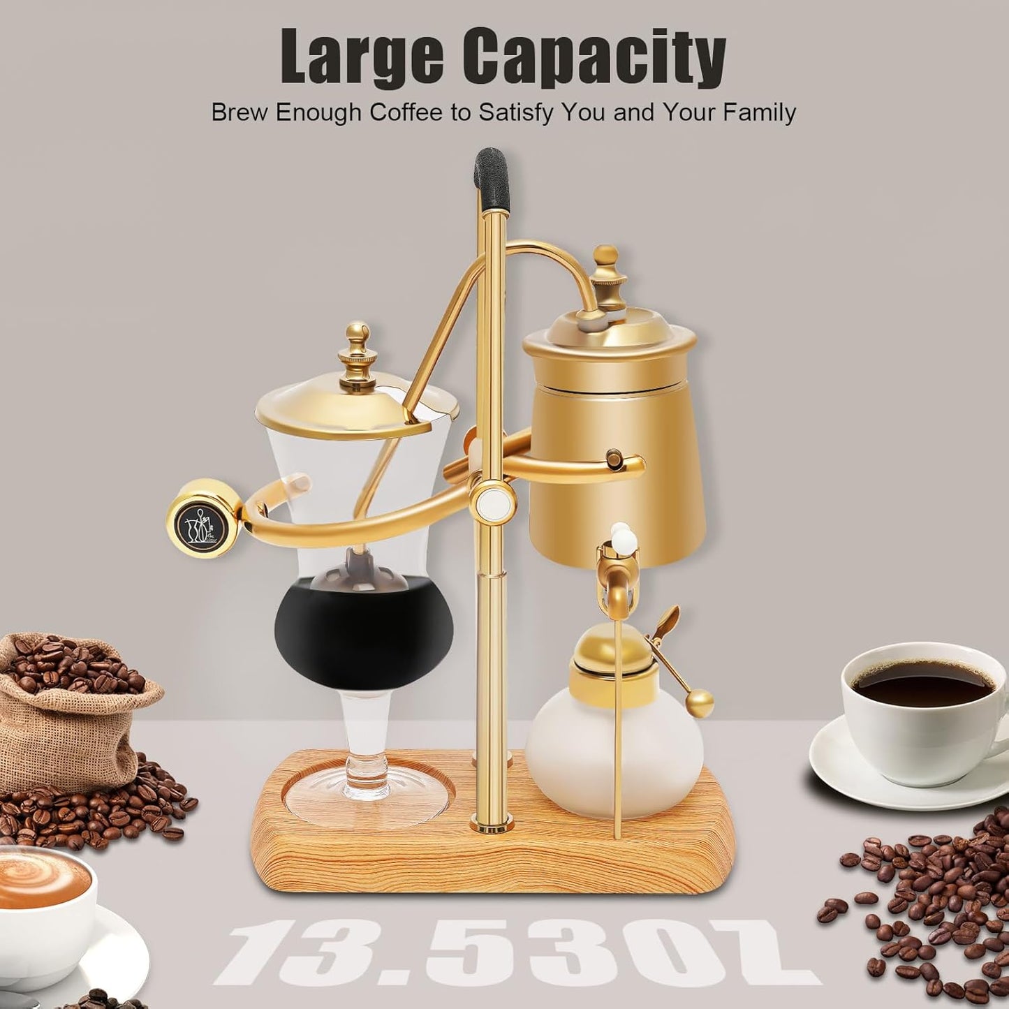 Belgian Syphon Coffee Maker, Belgian Belgium Royal Family Balance Syphon Siphon Coffee Maker Vacuum Brewing System w/Measuring Cup & lcohol Burne, Classic Gold