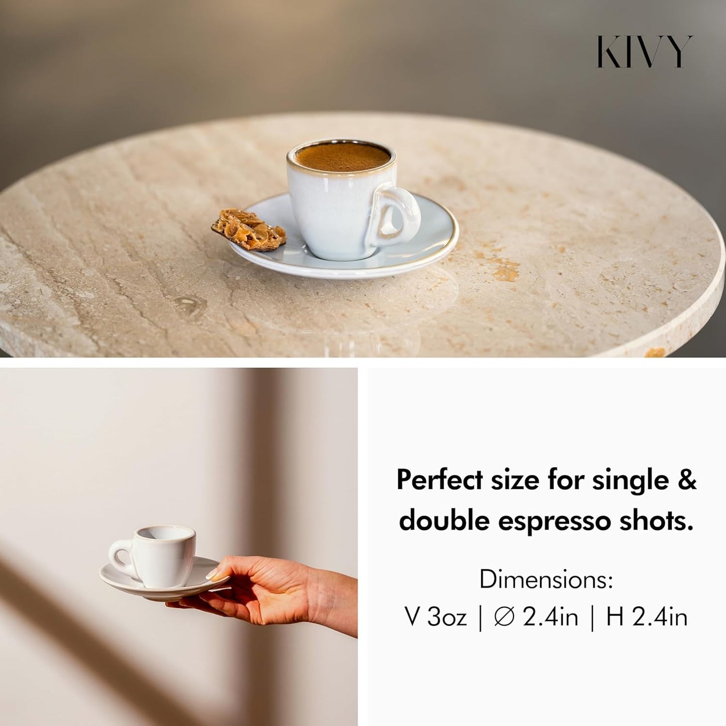 KIVY Stoneware Espresso Cups, 4-Piece Set - Italian Design, Thick-Walled, 3 oz, Microwave & Dishwasher Safe