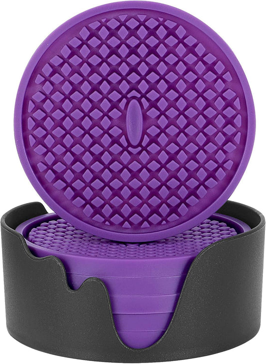 ME.FAN Silicone Coasters [6 Pack] Thickened Drink Coasters with Holder - Cup Mat - Non-Slip, Non-stick, Stay Put, Deep Tray - Prevents Furniture and Tabletop Damages(Deep Purple)
