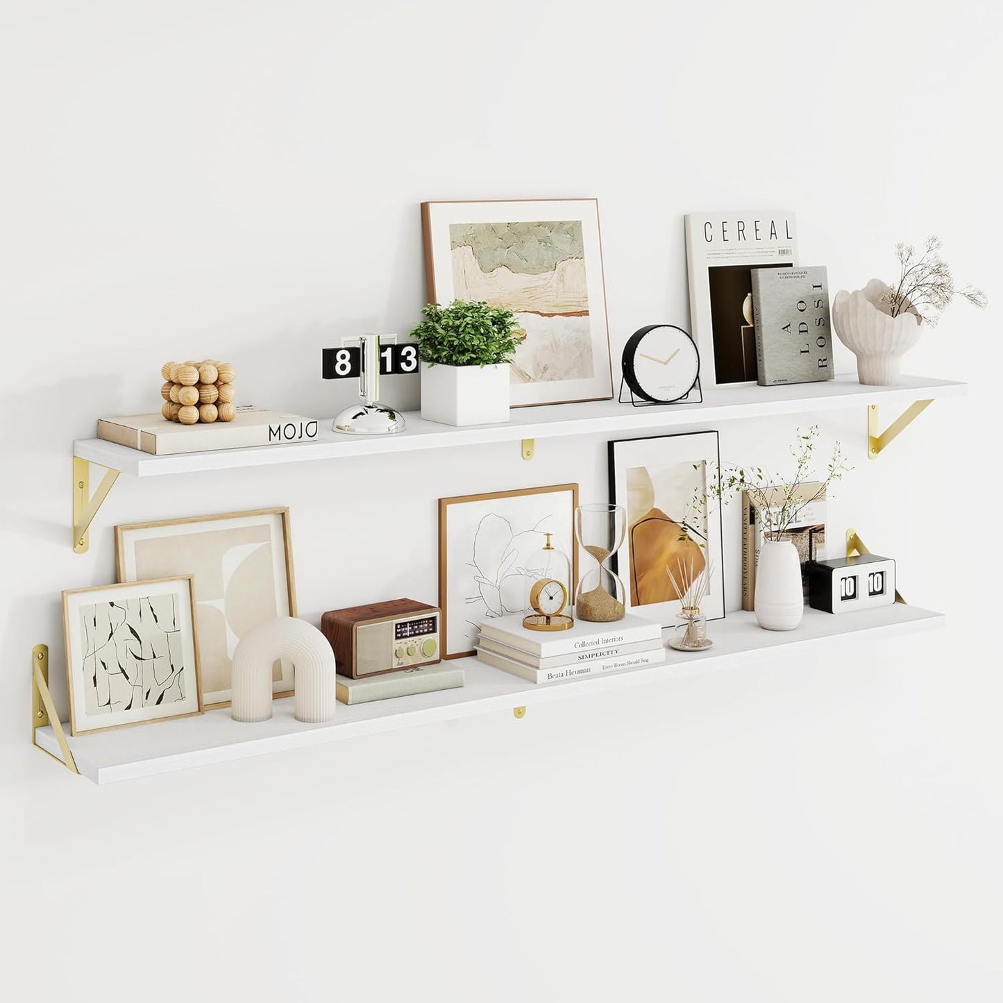 Dreamland 8 inch Deep Floating Shelves for Wall, 55 inch Long White Wall Mounted Shelves Set of 2, Wide Ledge Shelf with Gold Sturdy Metal Brackets for Living Room, Bathroom, Bedroom and Kitchen
