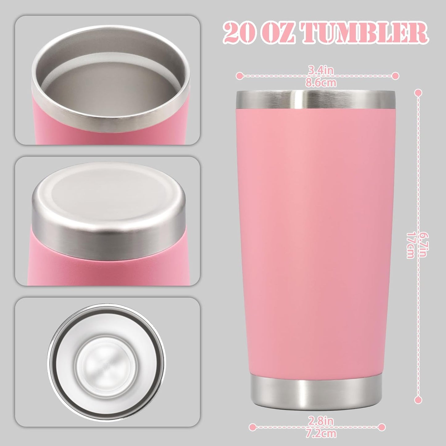 20 oz Tumbler with lid Double Wall Vacuum Insulated Tumblers Stainless Steel Coffee Mug Travel Coffee Tumbler Powder Coated Tumbler Cup Keep Hot&Cold - (Pink 6 Pack)