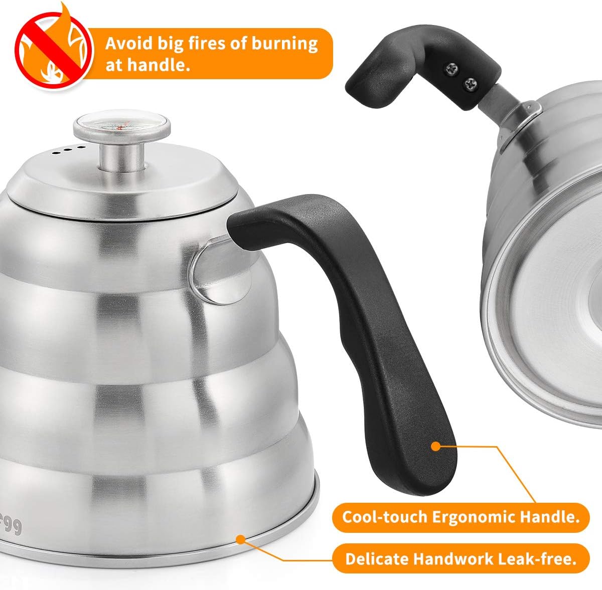 Pour Over Coffee Kettle with Thermometer for Exact Temperature 40 fl oz - Premium Stainless Steel Gooseneck Tea Kettle for Drip Coffee, French Press and Tea - Works on Stove and Any Heat Source