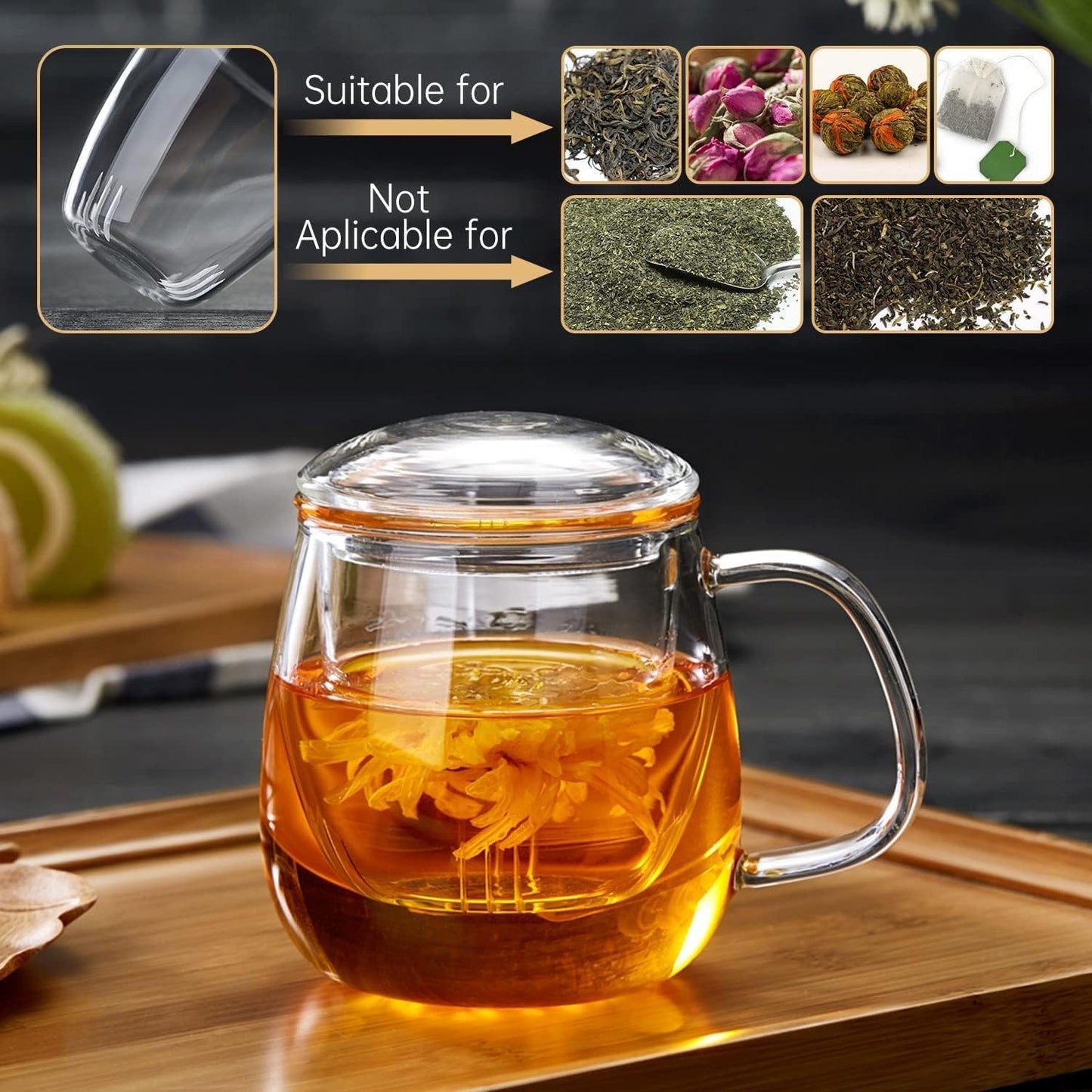 Glass Teacups 4 Pack Glass Tea Cup with Infuser and Lid, 17.6oz/520ml Large Borosilicate Teacup,Tea Clear Mug Cup for Loose Leaf Blooming Tea, Microwave & Dishwasher Safe