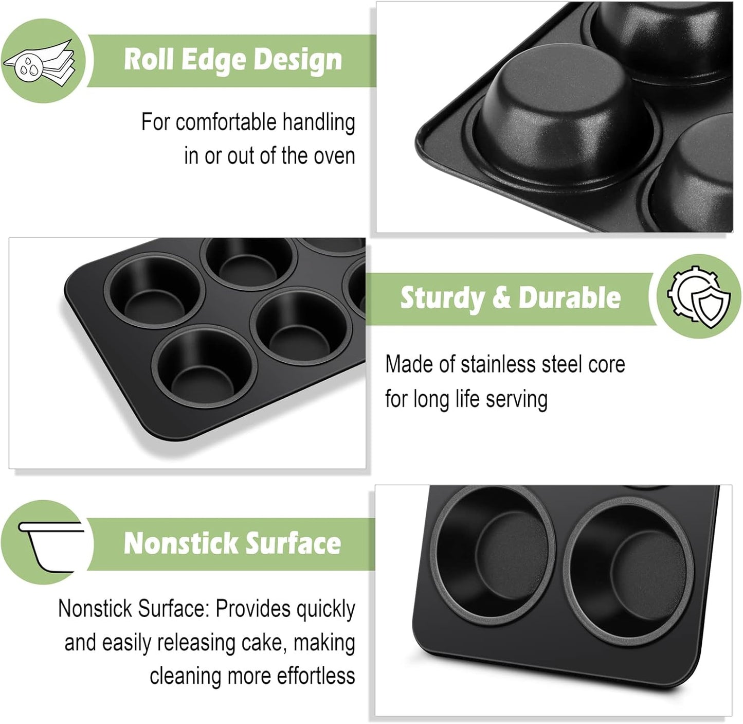 TeamFar Muffin Pan, 6 Cup Muffin Tin Cupcake Pan Tray with Nonstick Coating and Stainless Steel Core, for Home/Kitchen Baking, Healthy & Heatproof, Release Easily & Easy Clean, Set of 2