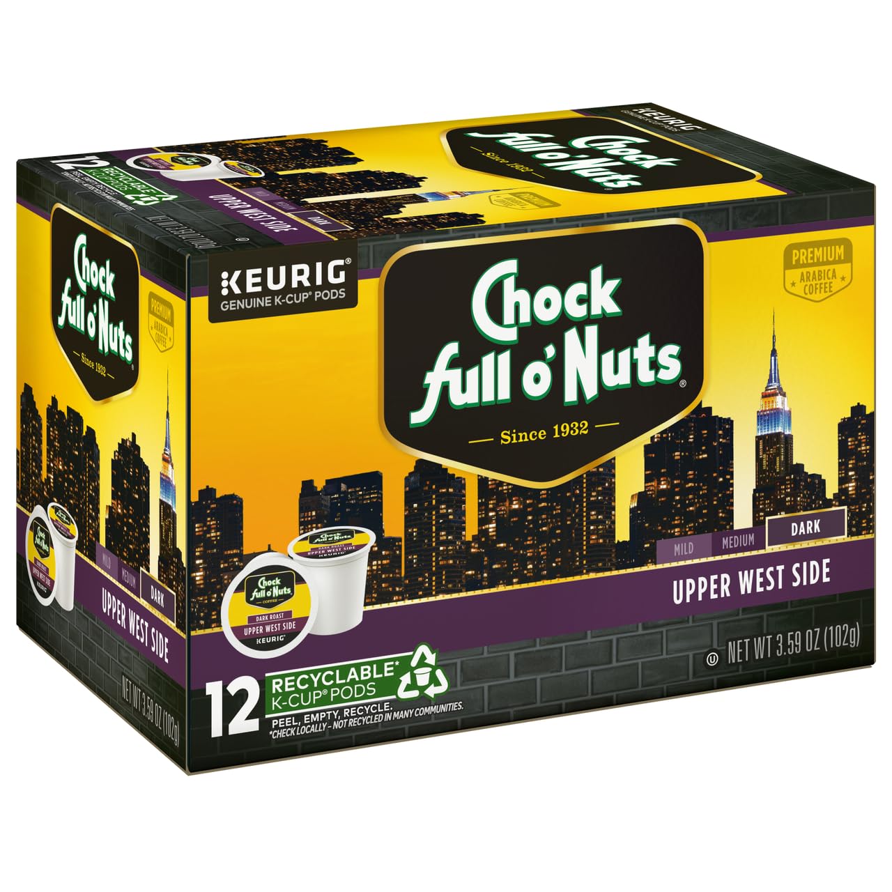 Chock Full o'Nuts Upper West Side Coffee, Dark Roast, Compatible with K-Cup Pods, 12 CT (Pack of 3)