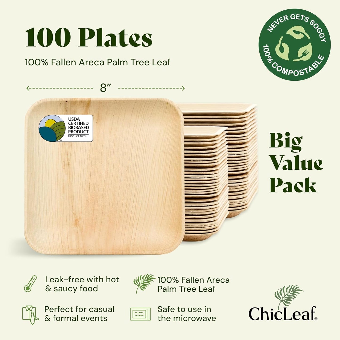 Chic Leaf Square Bamboo Palm Leaf Disposable Plates - 8" Pack of 100 - Biodegradable & Compostable Dinnerware - Disposable Party & Appetizer Plates - Eco-Friendly Dessert Trays