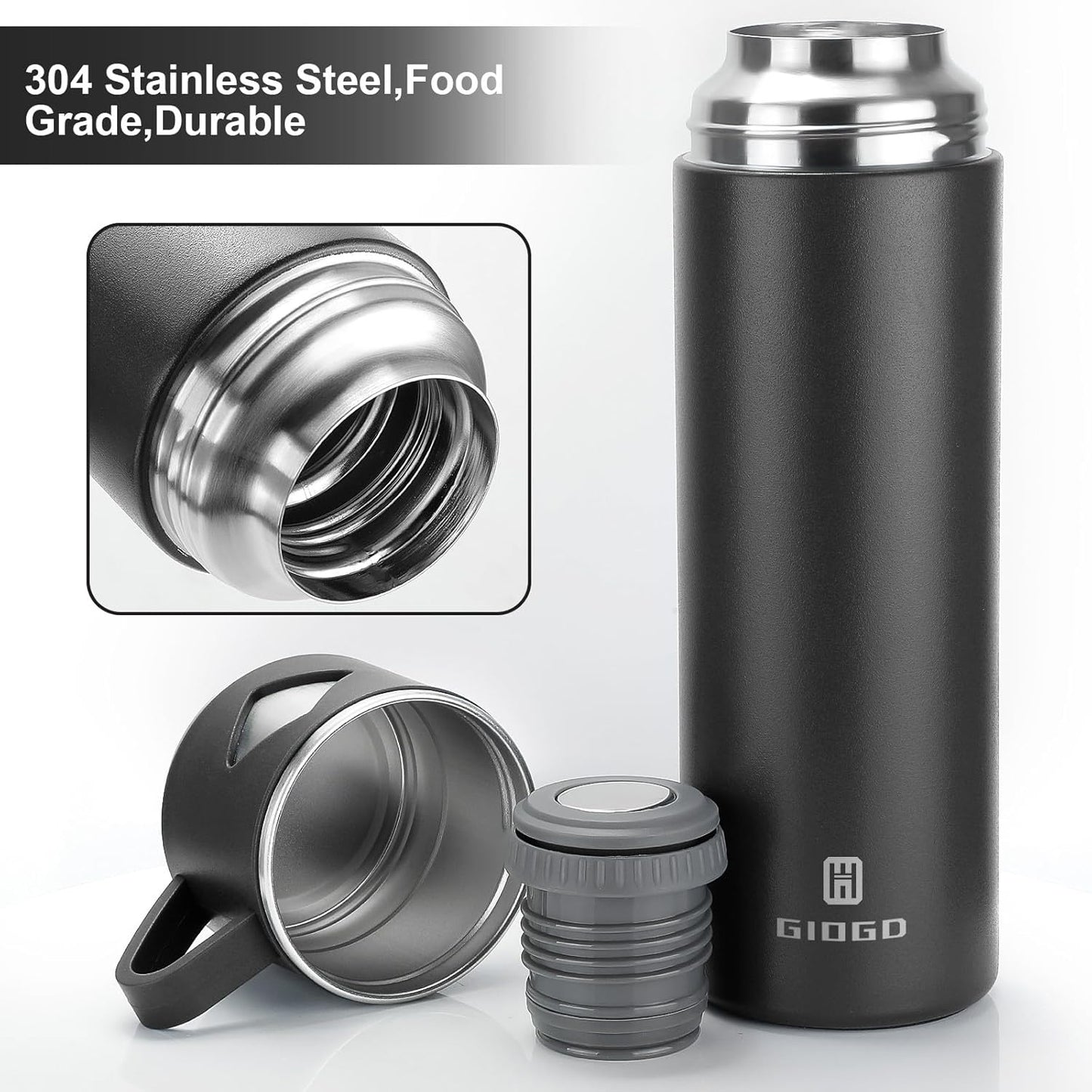 Stainless Steel Thermo 23.7oz Vacuum Insulated Bottle with Cup for Coffee Hot drink and Cold drink water flask.(Black,Single)