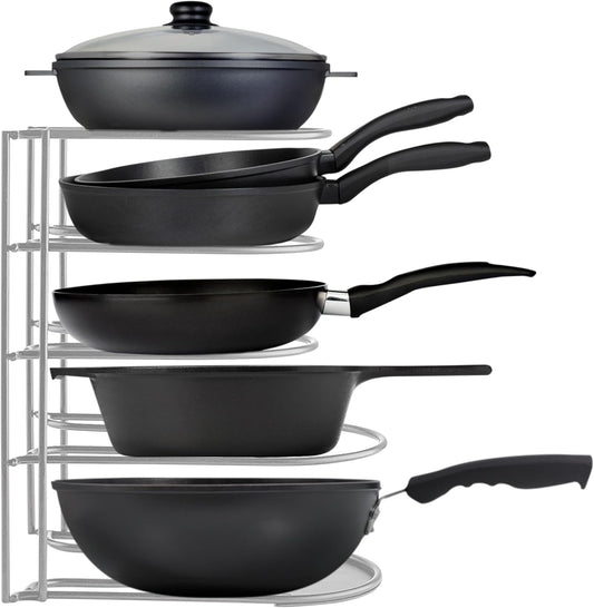 Heavy-Duty Pots and Pans Organizer | 5-Tier Cookware & Lid Storage Rack | Free-Standing or Wall-Mount | Kitchen Organizer for Cast Iron Skillets, Pots, Frying Pans, Lids | Chrome