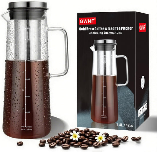 Cold Brew Coffee Maker, 1.4L/48oz Slim Borosilicate Glass Pitcher with Stainless Steel Filter, Fit Fridge Door, Dishwasher Safe & Airtight Lid, Mannual Included, Iced Tea & Fruit Infuser