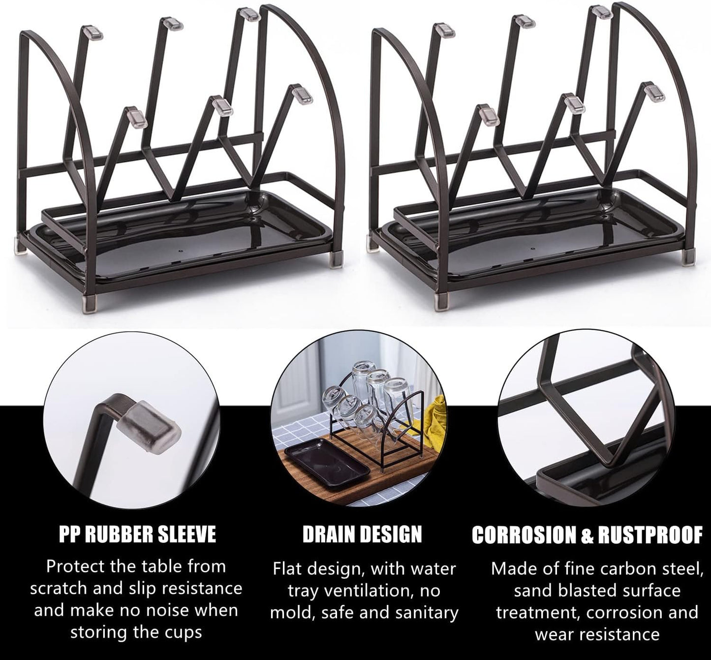 RHBLME 2 Packs Glass Drying Rack, Vertical Bottle Drying Rack Glass Bottle Holder with Drain Tray, Silicone Protective Hooks, Carbon Steel Non Slip Cup Mug Organizer for Glass Coffee Mug Countertop