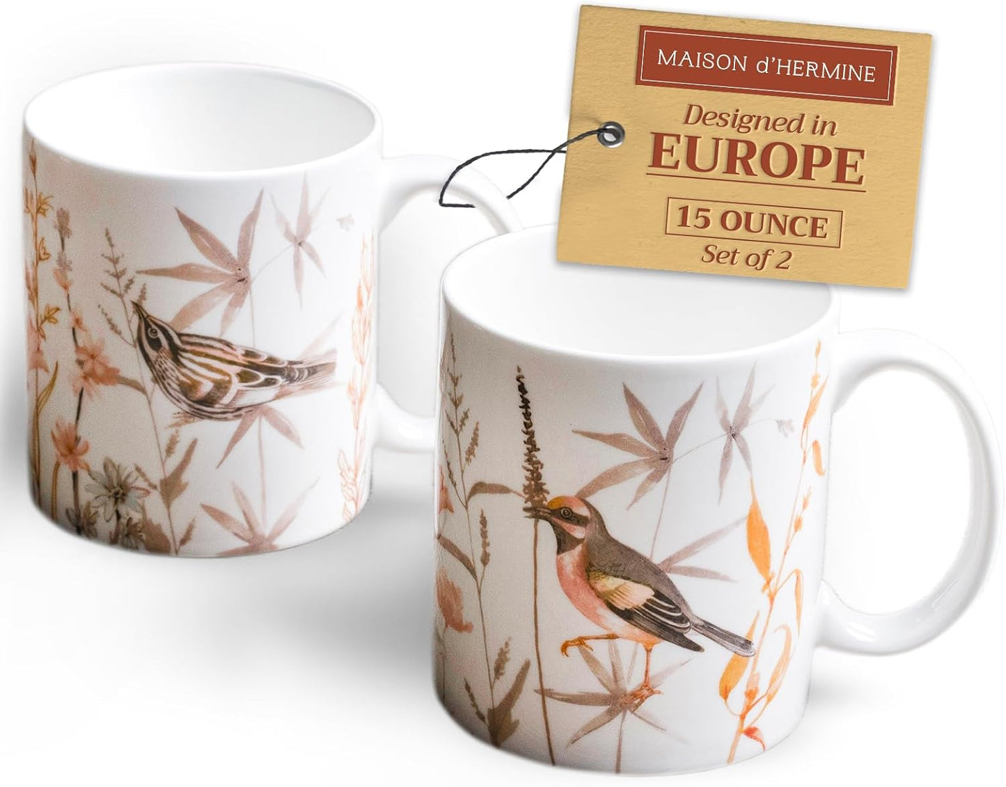 Maison d' Hermine Coffee Mug with Handles Fine Bone China Mugs Pack of Two Tea Cups for Hot Beverages Cappuccino Latte Home Restaurant Office Perfect for Gift (Meadow Florals, 15 Ounce)