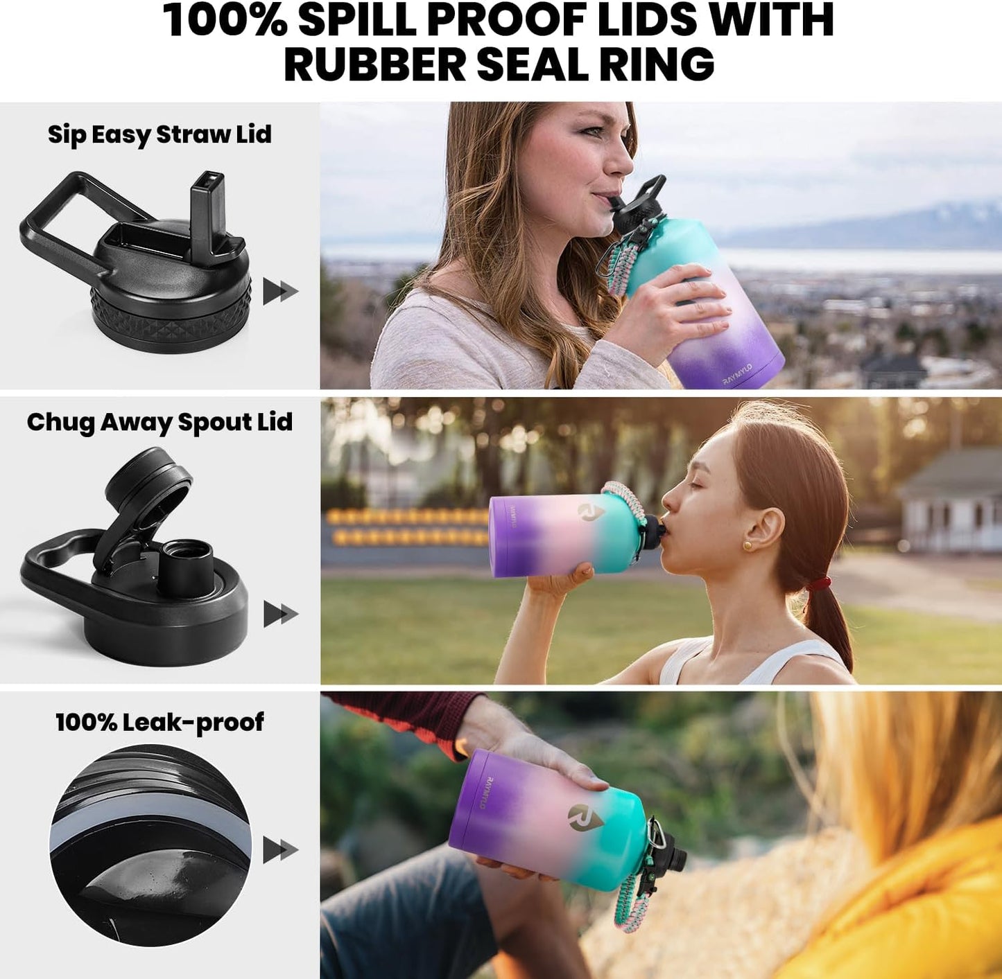 One Gallon Water Bottle Insulated, Triple Walled Vacuum Stainless Steel (Cold for 48 Hrs), Leak Proof & Non-BPA, Large Water Flask Jug with Paracord Handle & Straw Spout Lids