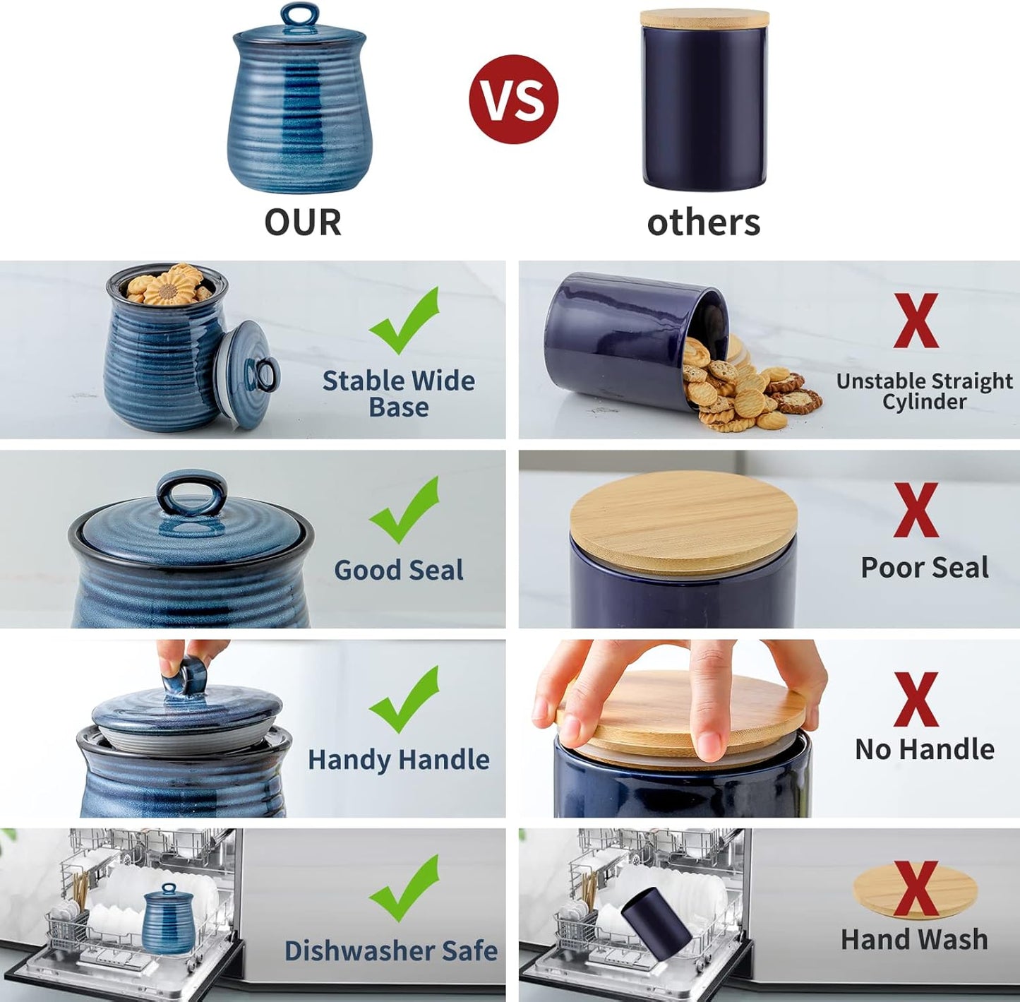 Hasense Ceramic Food Storage Jar, Coffee Canister with Lid, Cookie Candy Jar for Kitchen, Serving for Dog Treat Sugar Loose Tea Flour Coffee Beans Rice Snack Storage 30 FL OZ (Blue)