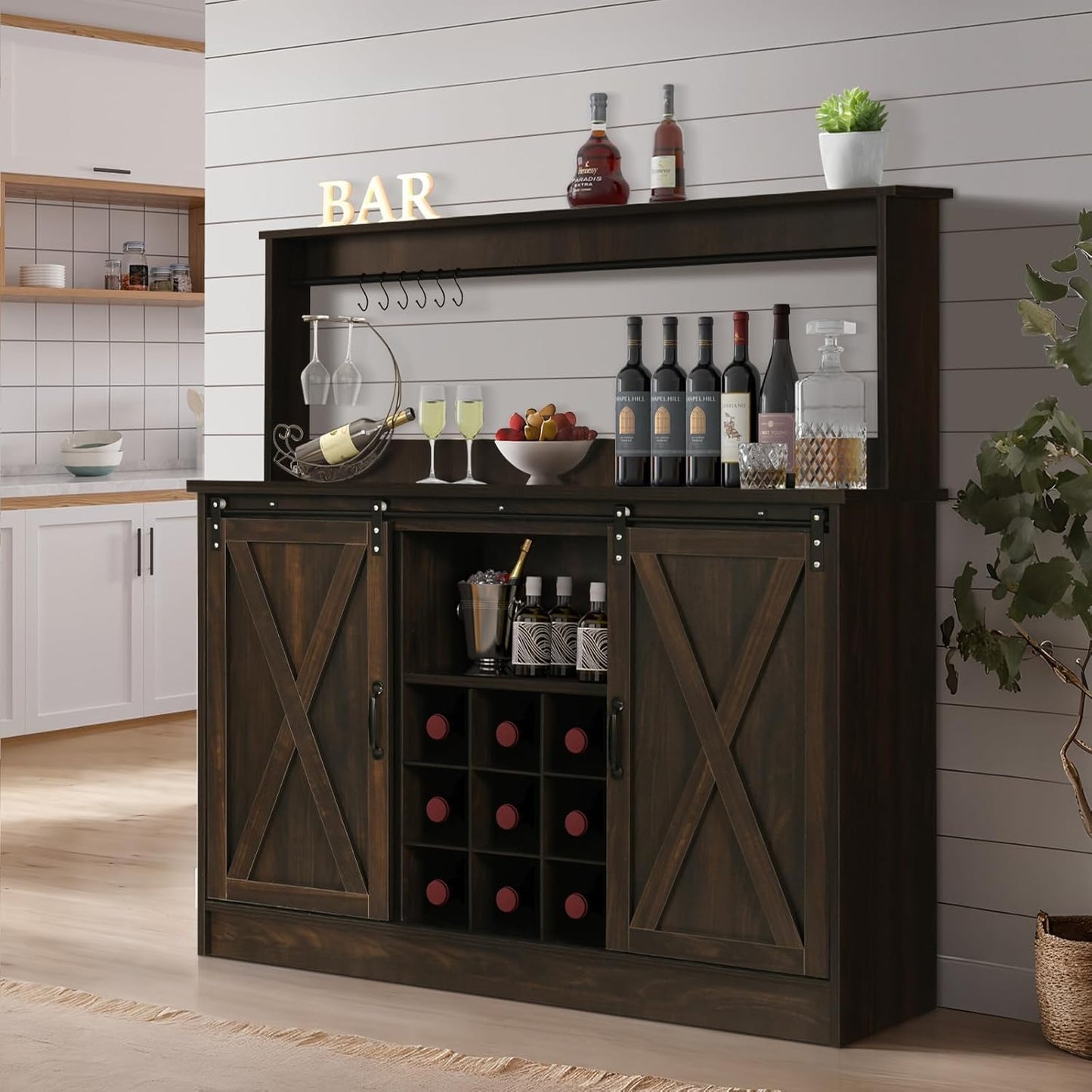 4ever2buy Farmhouse Coffee Bar Cabinet with 6 Hooks, 47 Inch Coffee Bar Hutch with 9 Wine Racks, Buffet Cabinet with Sliding Barn Door, Dark Oak