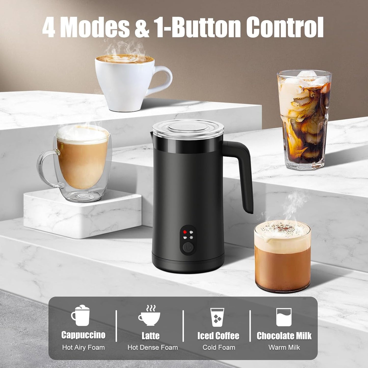 Milk Frother, 4-in-1 Milk Frother and Steamer, 13.5oz/400ml Automatic Hot and Cold Foam Maker and Milk Warmer, Electric Frother for Coffee, Latte, Cappuccino, Macchiato, Matcha(Black)