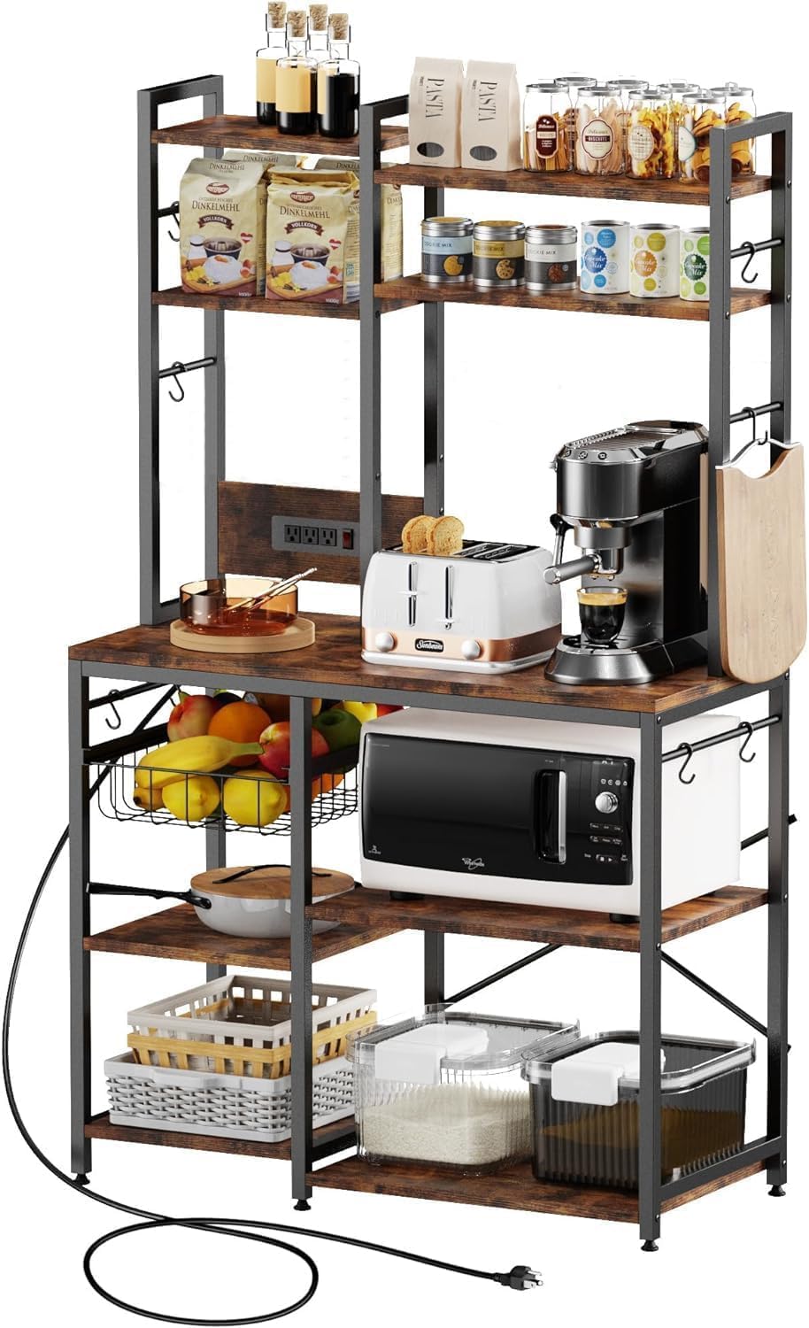 Standing Kitchen Baker’s Rack, Bakers Rack with Power Outlet, 6-Tier Microwave Stand, Coffee Bar with 12 S-Shaped Hooks, Kitchen Shelf with Storage, Coffee Bar Station, for Rustic Brown