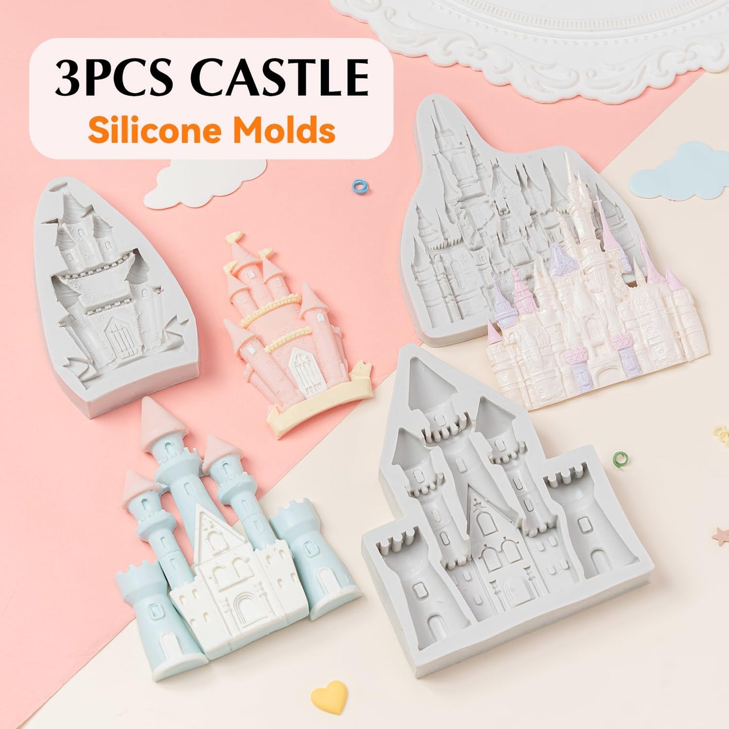 KALAIEN Castle Silicone Mold,3Pcs/Set Castle Cake Fondant Molds,Princess Chocolate Molds Castle Silicone Mirror Mould for Cake Decorating, FTM5036