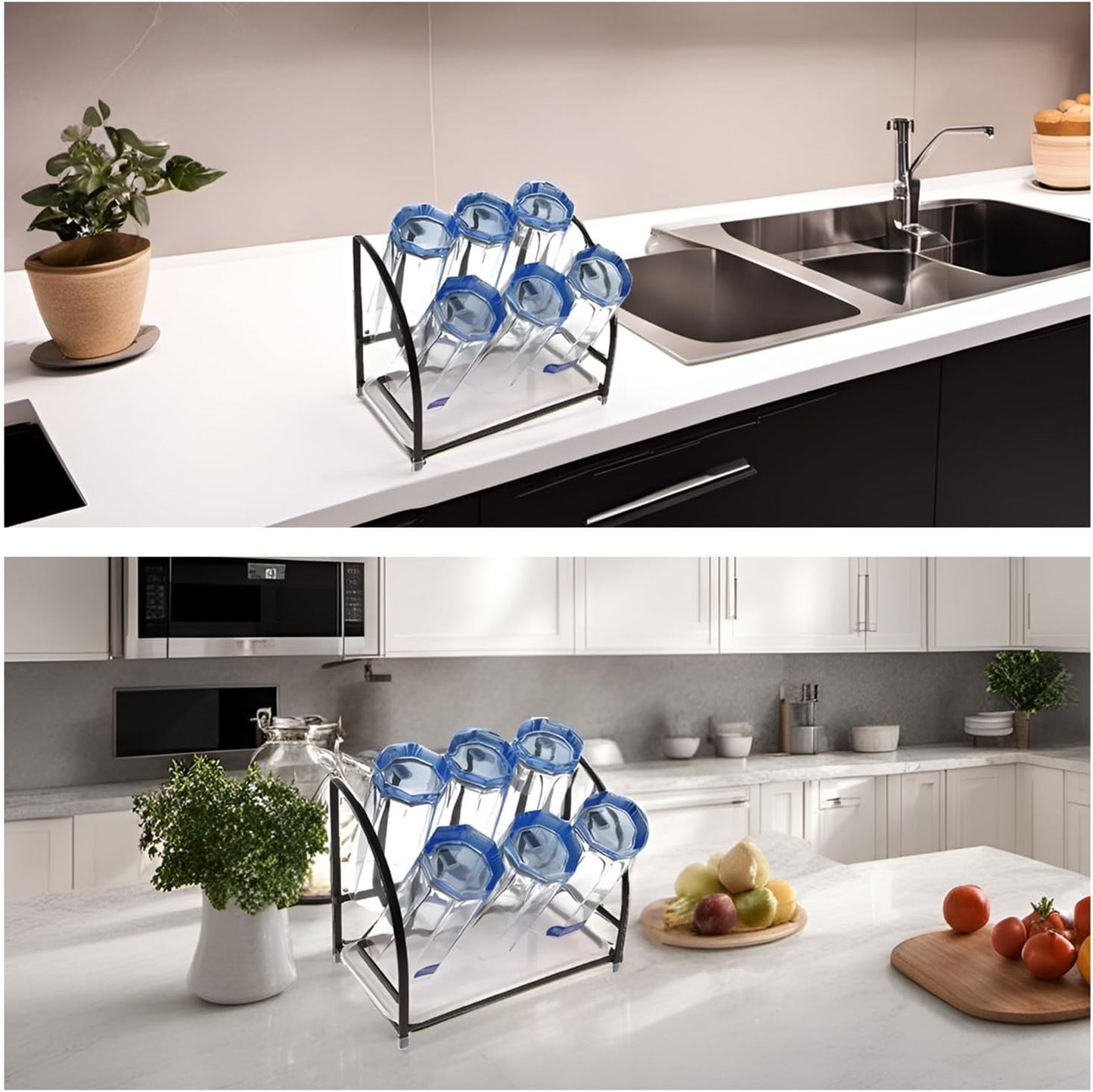 RHBLME 2 Packs Glass Drying Rack, Vertical Bottle Drying Rack Glass Bottle Holder with Drain Tray, Silicone Protective Hooks, Carbon Steel Non Slip Cup Mug Organizer for Glass Coffee Mug Countertop