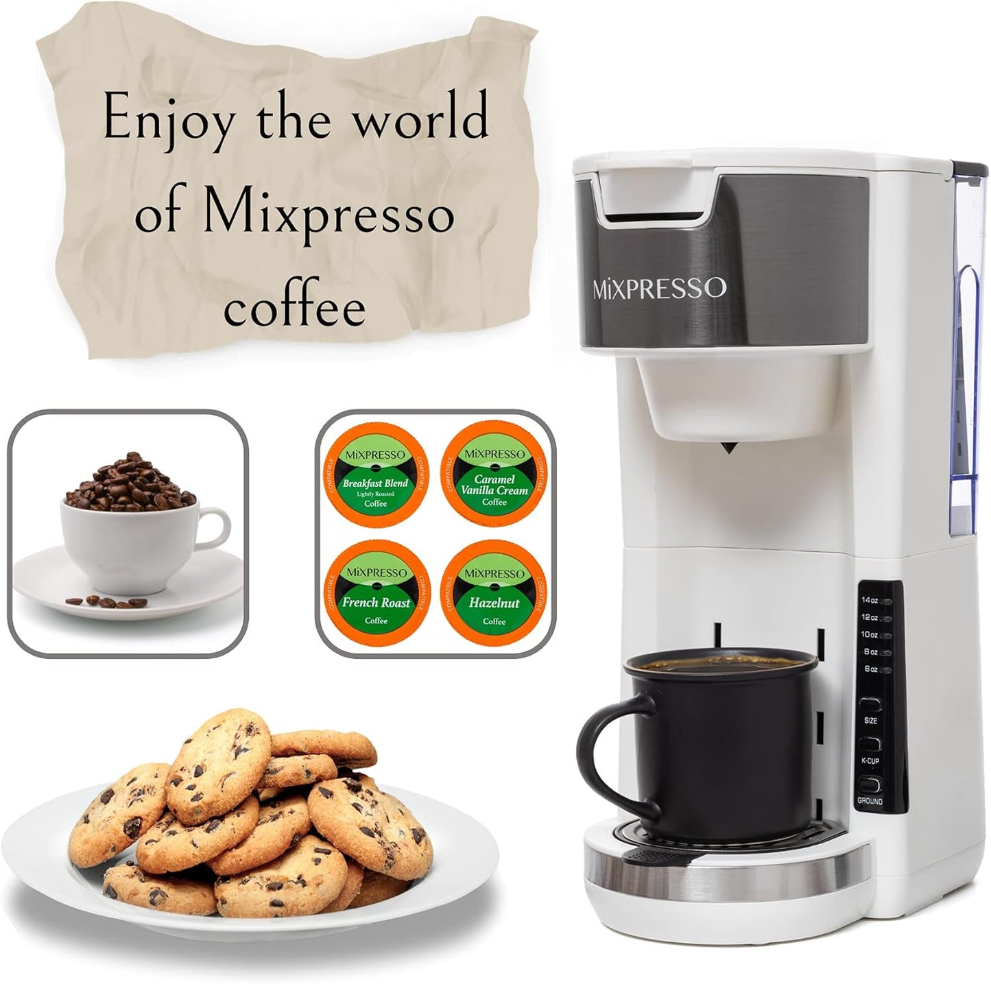 Mixpresso White Single Serve Coffee Brewer K-Cup Pods Compatible & Ground, 30 oz Compact Coffee Maker Single Serve With 5 Brew Sizes Up To 14 Oz, Fits Travel Mug, Adjustable Drip Tray