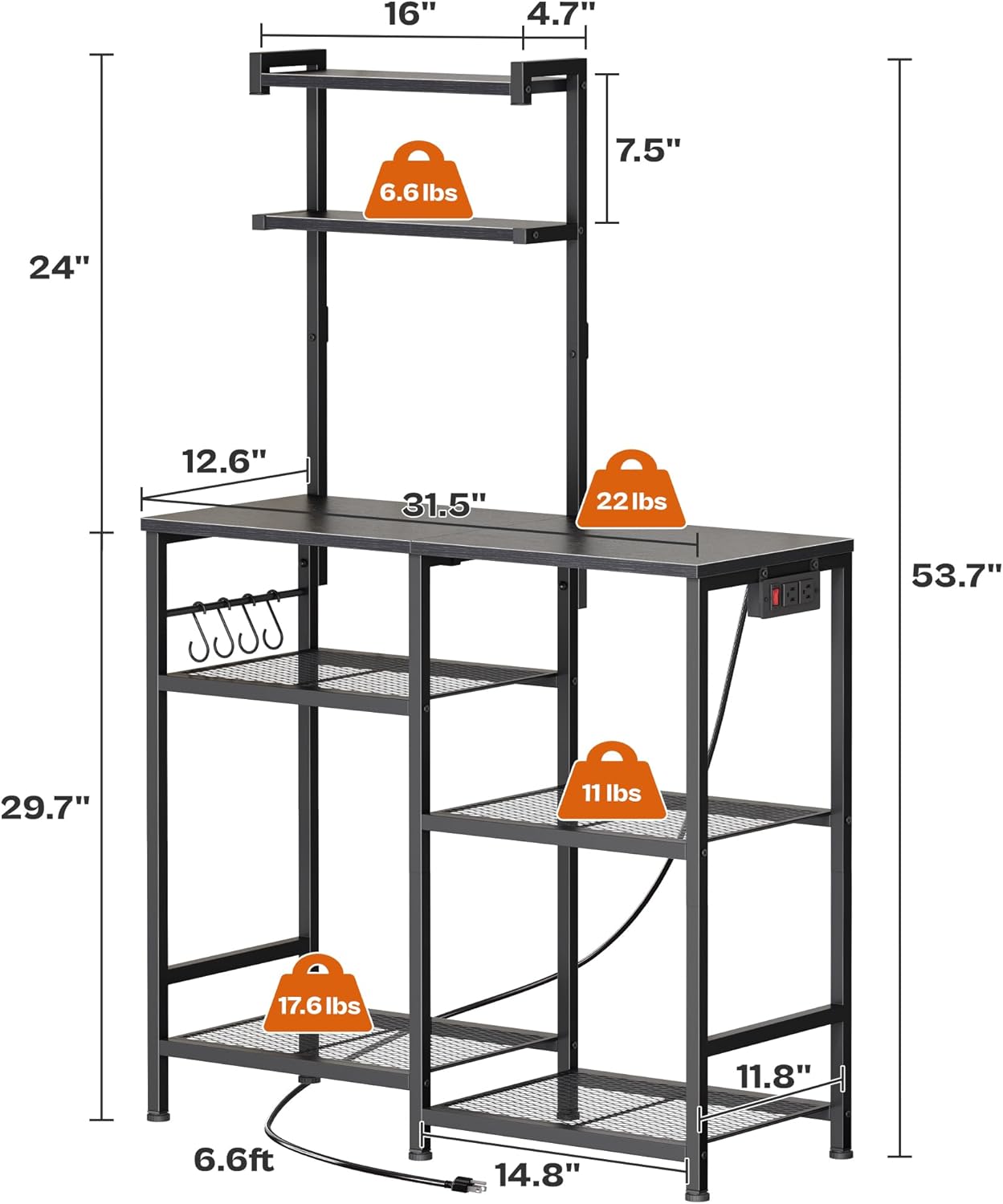 Huuger 31.5 Inch Bakers Rack with Power Outlets, Kitchen Microwave Stand with Storage, Coffee Bar with 4 Hooks, 3-Level Height Open Shelves, Black