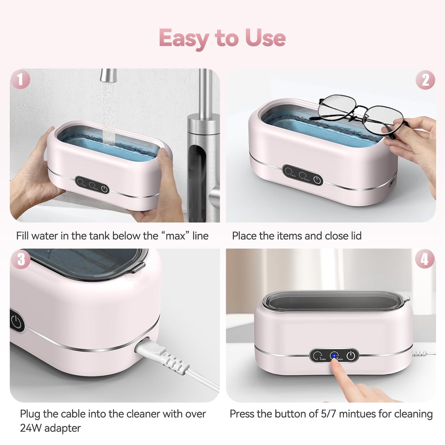 Ultrasonic Jewelry Cleaner, Upgraded 48KHz Ultrasonic Cleaner Machine with 304 Stainless Steel for Jewelry, Eyeglasses, Rings, Dentures, Watch Strap（Light Pink）