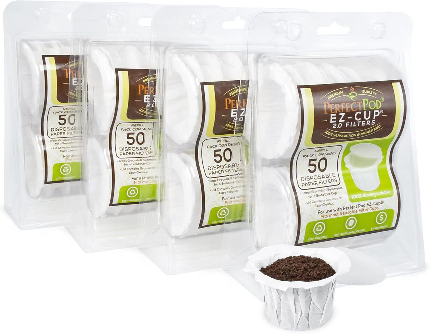 Perfect Pod EZ-Cup Disposable Paper Filters with Patented Lid Design for Reusable Coffee Pods - 4 Pack (200 Filters)