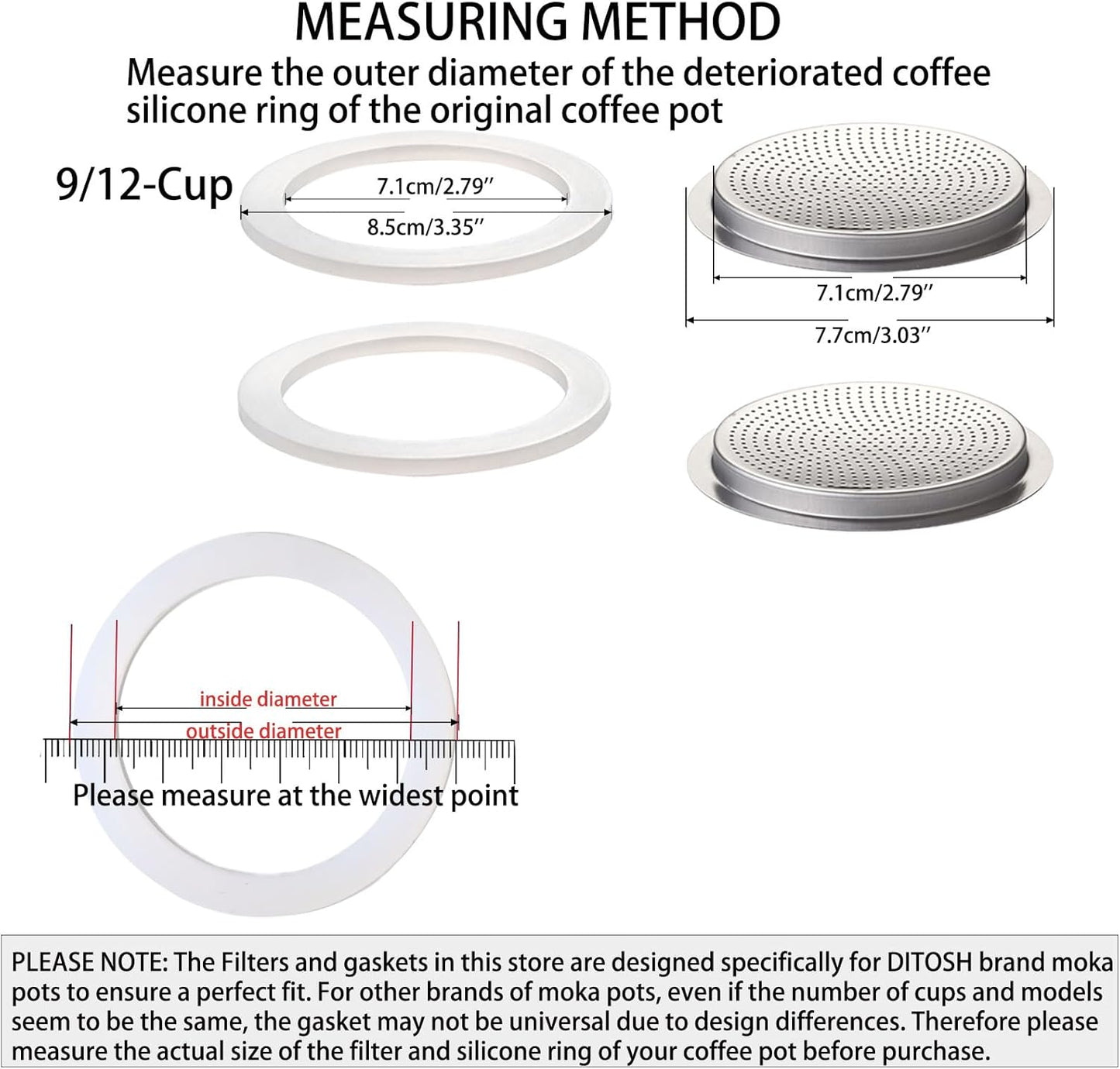 2 Pcs Filter with 3 Pcs Silicone Gasket Seals for 9 Cup 12 Cup Stovetop Espresso Coffee Maker Replacement Parts for Big Tummy and Straight Stainless Steel Moka Pot