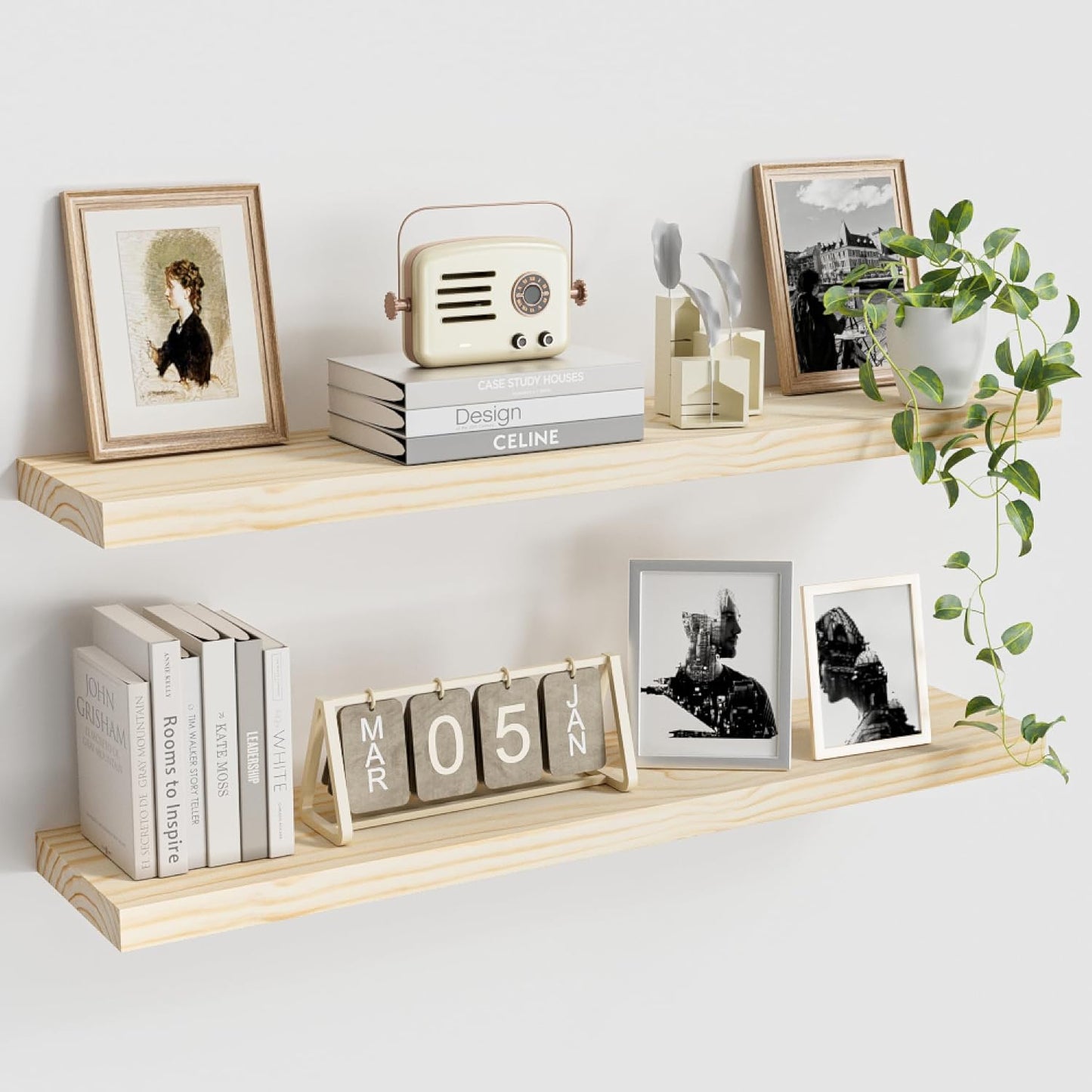 Vivelove Natural Wood Floating Shelves 36”，8 inch Deep Floating Shelf with Invisible Brackets, Unfinished Wall Shelves for Living Room, Bathroom, Kitchen, Bedroom, Home Decor, Set of 2 - Natural