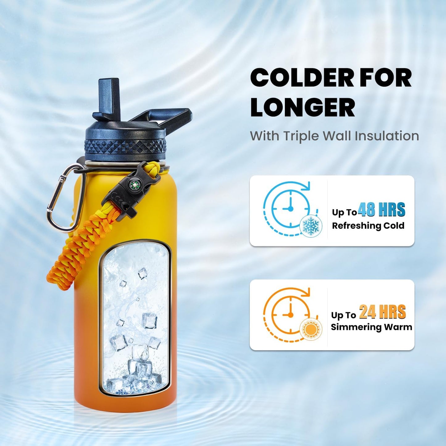 Insulated Water Bottle 32 oz, Triple Wall Vacuum Stainless Steel (Cold for 48 Hrs), Leak Proof & Non-BPA, Modern Water Flask Jug with Paracord Handle & Straw Spout Lids, Ombre Orange