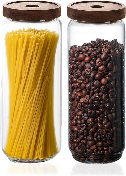 Glass Jars with Airtight Wood Lids - 57 oz Large Kitchen and Pantry Storage Containers, Canisters for Spaghetti, Noodles, Pasta, Ground Coffee, Sugar, Cereal, Set of 2