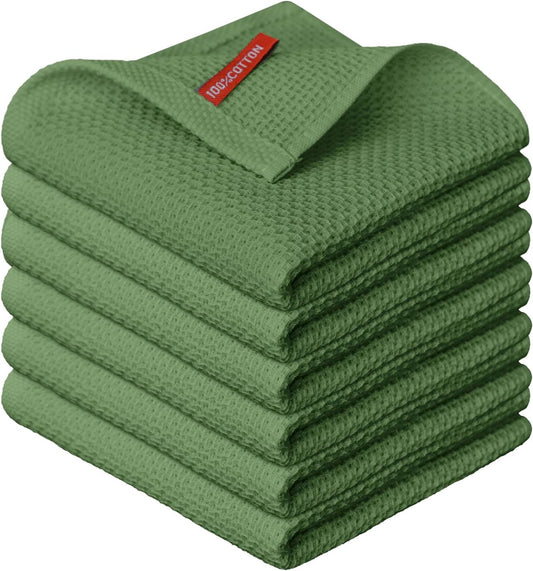 Artoid Mode 100% Cotton Olive Green Waffle Weave Kitchen Dish Cloths, 12x12 Inch Ultra Soft Absorbent Quick Drying Kitchen Dish Towels Set of 6