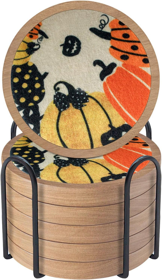 Fall Coaster Set of 6 Cewiru Halloween Coasters for Drinks Absorbent Cup Mats for Table Protection Unique Halloween Round Coasters for Coffee Table Kitchen Decor 4.3"