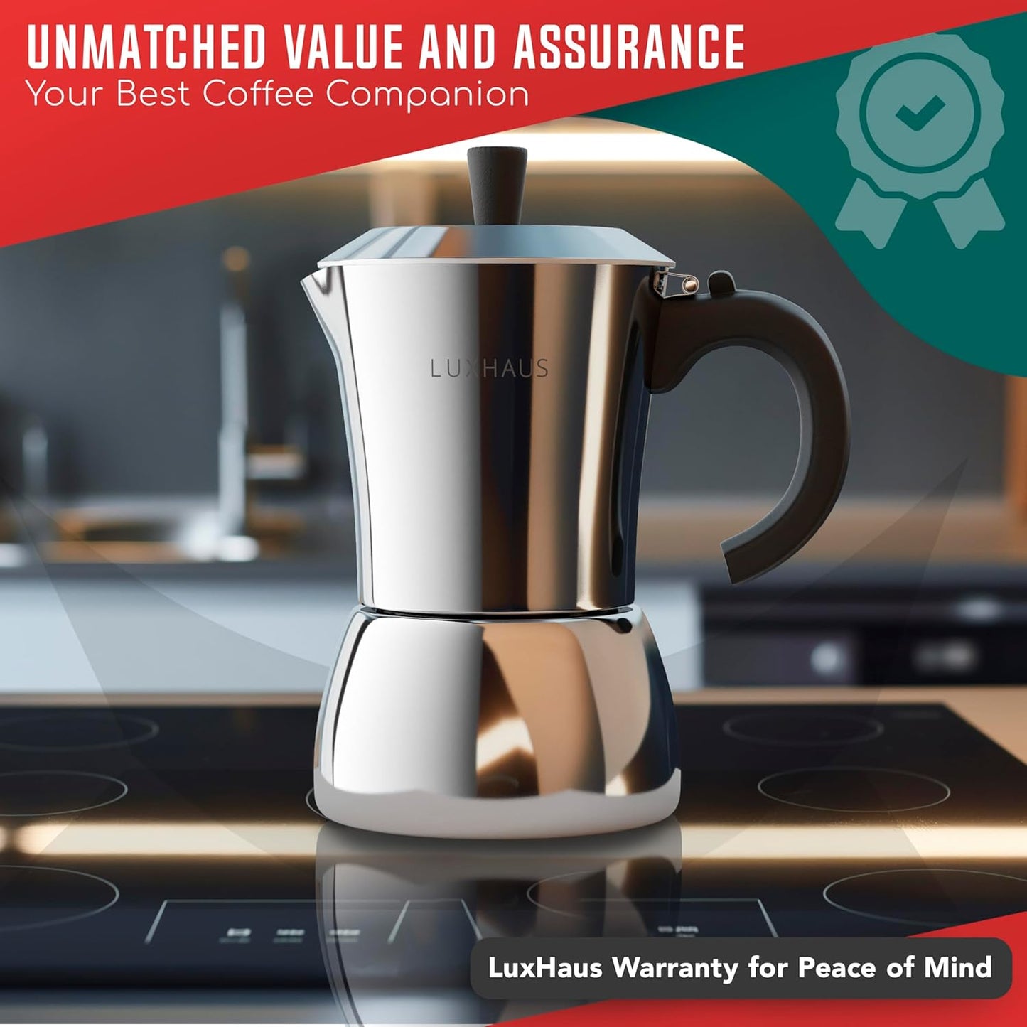 LuxHaus Moka Pot - 6 Cup Stovetop Espresso Coffee Maker - 100% Stainless Steel Italian and Cuban Mocha Coffee Maker