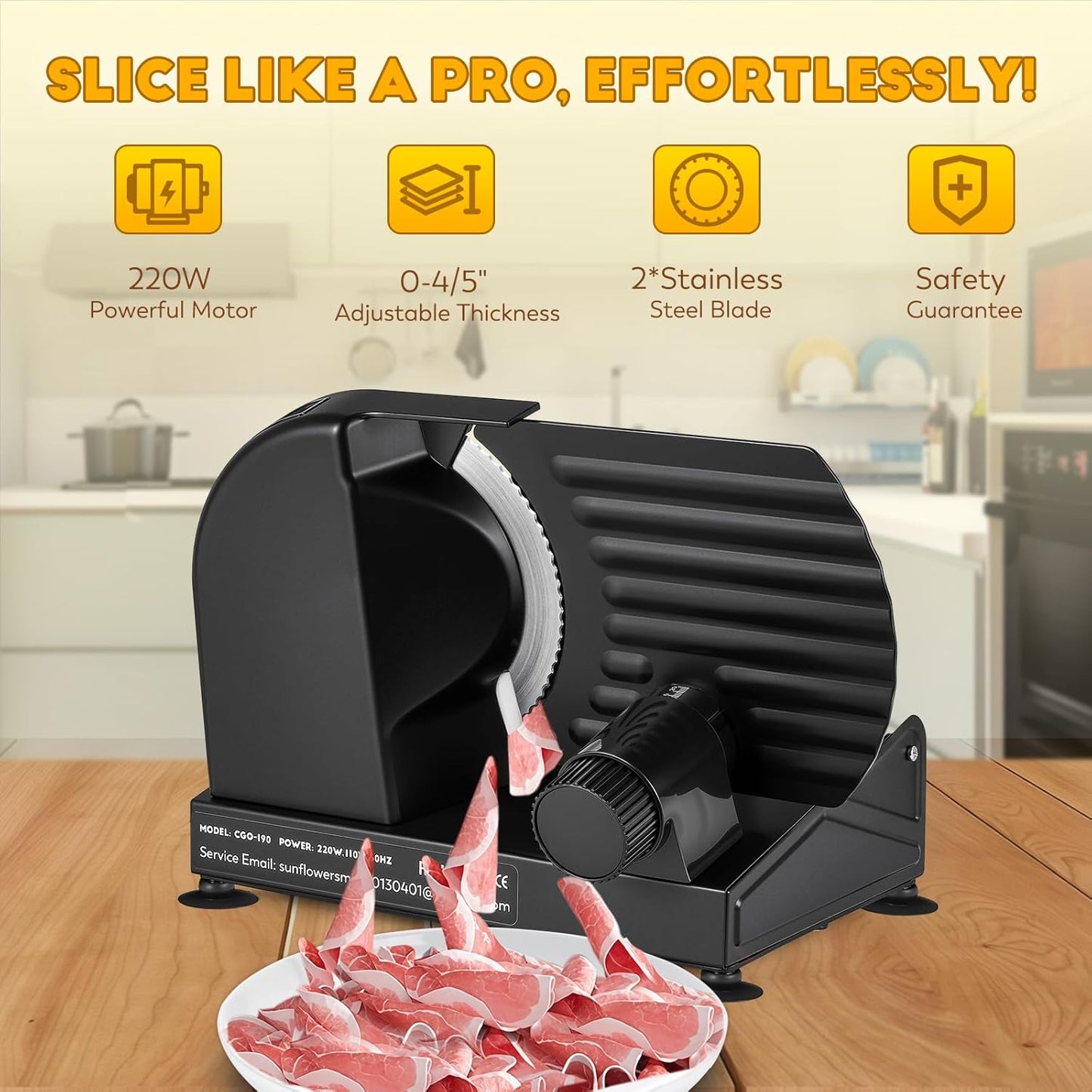 Meat Slicer, 220W Electric Deil Food Slicer with 2 Removable 7.5" Blades, 4/5" Adjustable Thickness, Food Slicer Machine for Home Cutting Meat Cheese Bread Vegetables, 110V CE