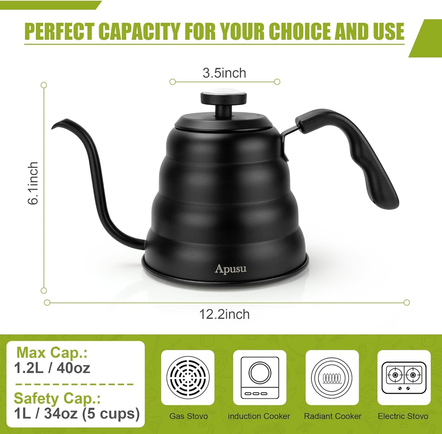Tea Kettle with Thermometer Pot Black Stovetop Tea Kettle 40oz Gooseneck Kettle Teapot Pour Over Coffee Kettle with Thermometer,1200ml,6 Cup,Black,1Pack