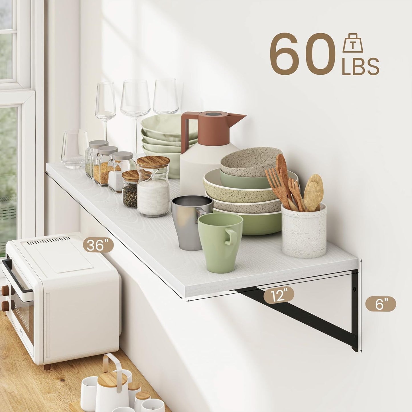 Dreamland Deep Floating Shelves for Wall, White Wood Wall Mounted Shelves, Large Floating Shelf 12 * 36 inch Set of 2 for Bookshelf Living Room Bedroom Home Office Bathroom