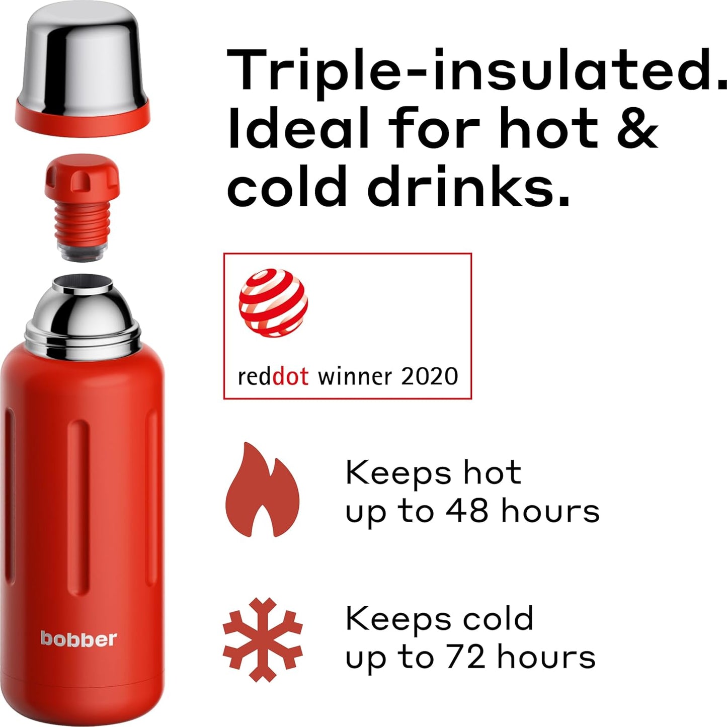 BOBBER 34 oz Stainless Steel Thermos for Tea, Coffee, and Cold Drinks BPA-Free, Dishwasher Safe Vacuum Insulated Water Bottle Keeps Hot for 48 Hours (Red)