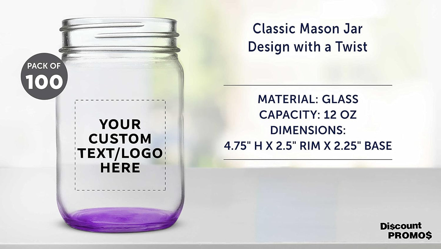 DISCOUNT PROMOS Custom Decorating Mason Jars 12 oz. Set of 100, Personalized Bulk Pack - Glass Jars for Overnight Oats, Candies, Fruits, Pickles, Spices, Beverages - Purple
