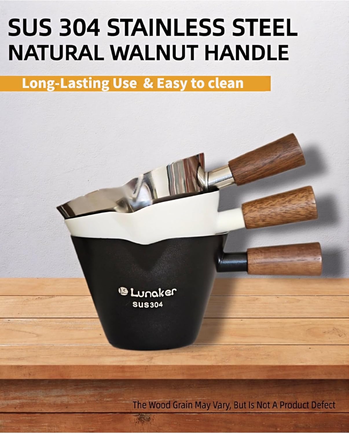 Stainless Steel Espresso Cup - Espresso Shot Cup with Wooden Handle -Measuring Cup with Double Spouts - 4.1OZ/120ML, Bright Silver