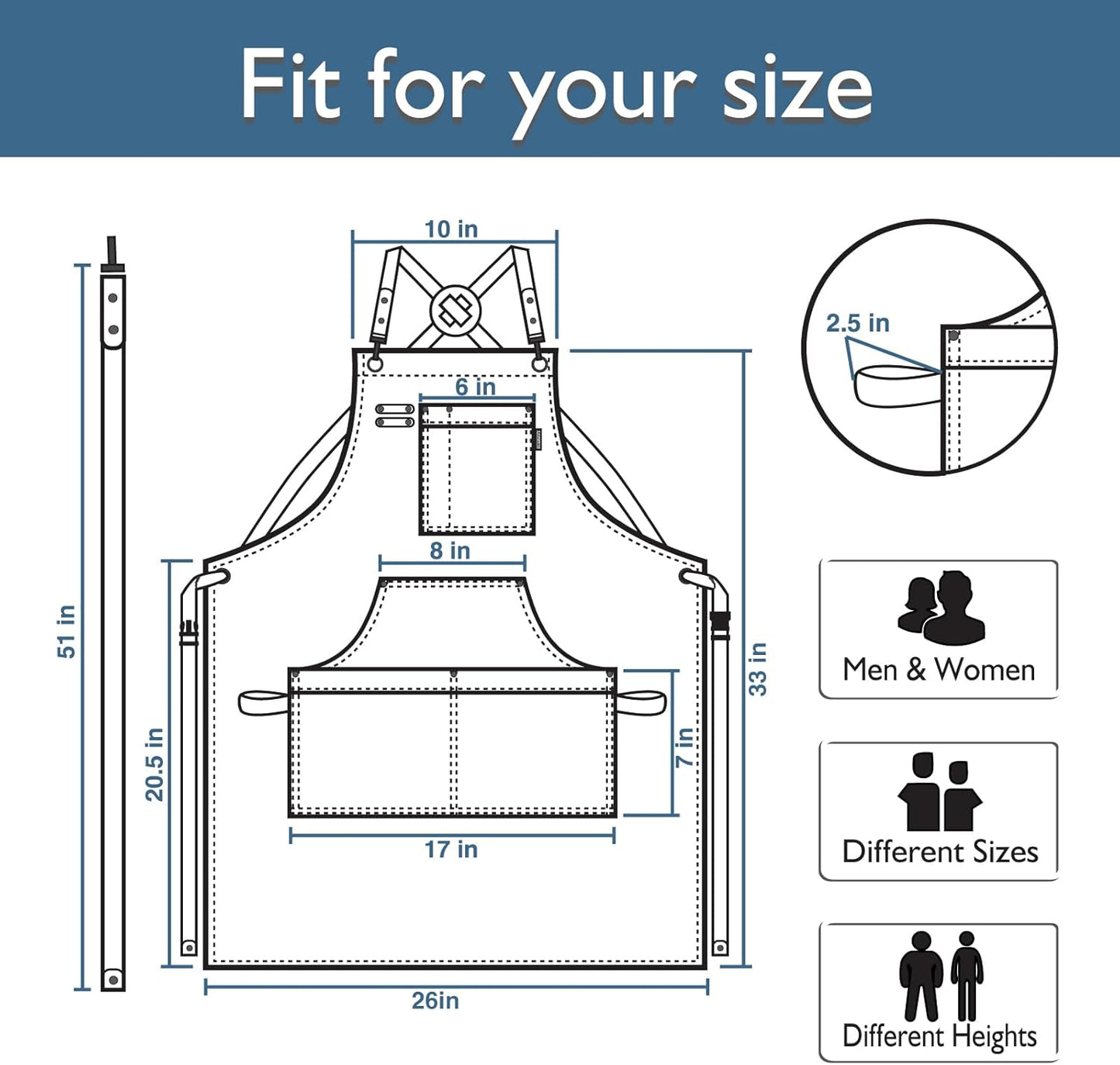 5 Pack Kitchen Apron, Work Apron, Canvas, Multiple Pockets, Gardening, Painting, BBQ, Artist, Carpenter, Sizes M to XXL, Blue