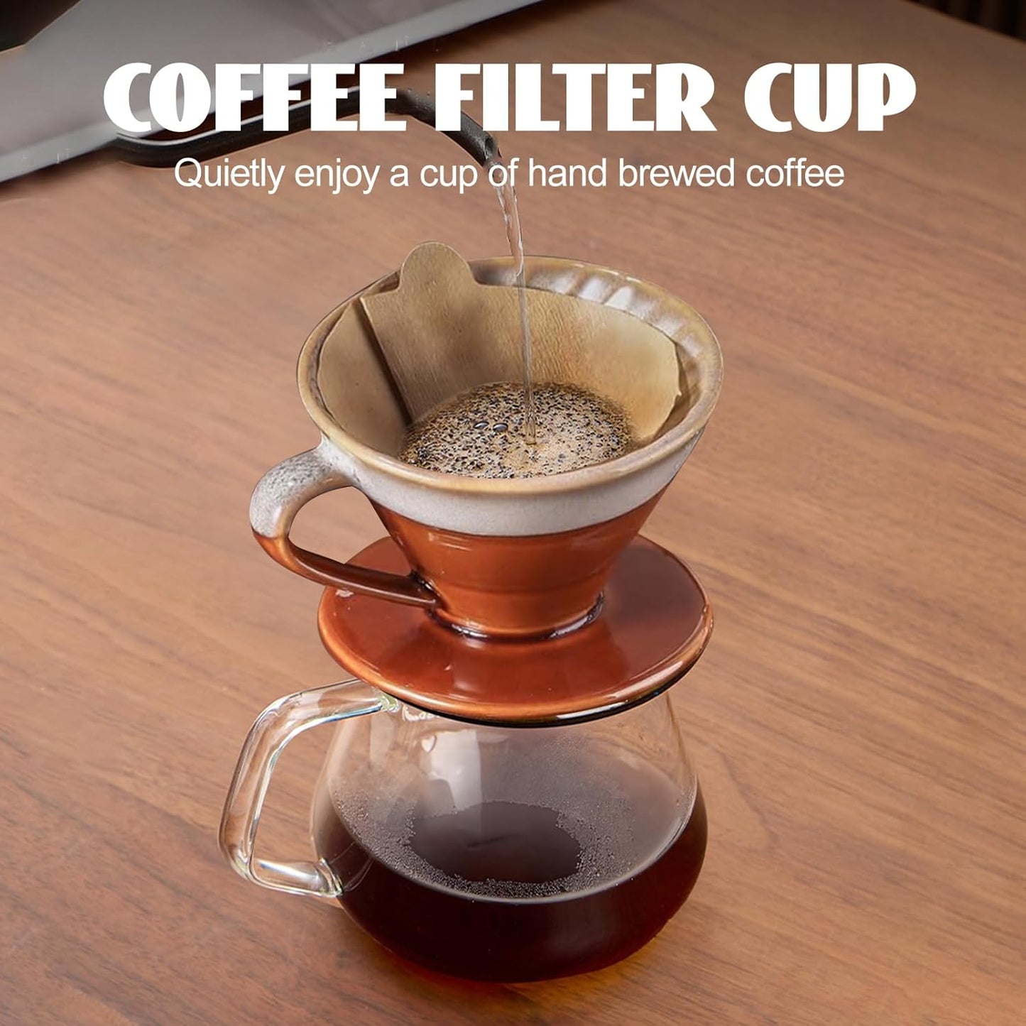 Ceramic Coffee Dripper Filter 02-4Cup Pour Over Coffee Dripper, 60 Angle Cone Ceramic Hand Brew Coffee Cup Retro Filter Set Reusable Portable Coffee Maker (Bronze)